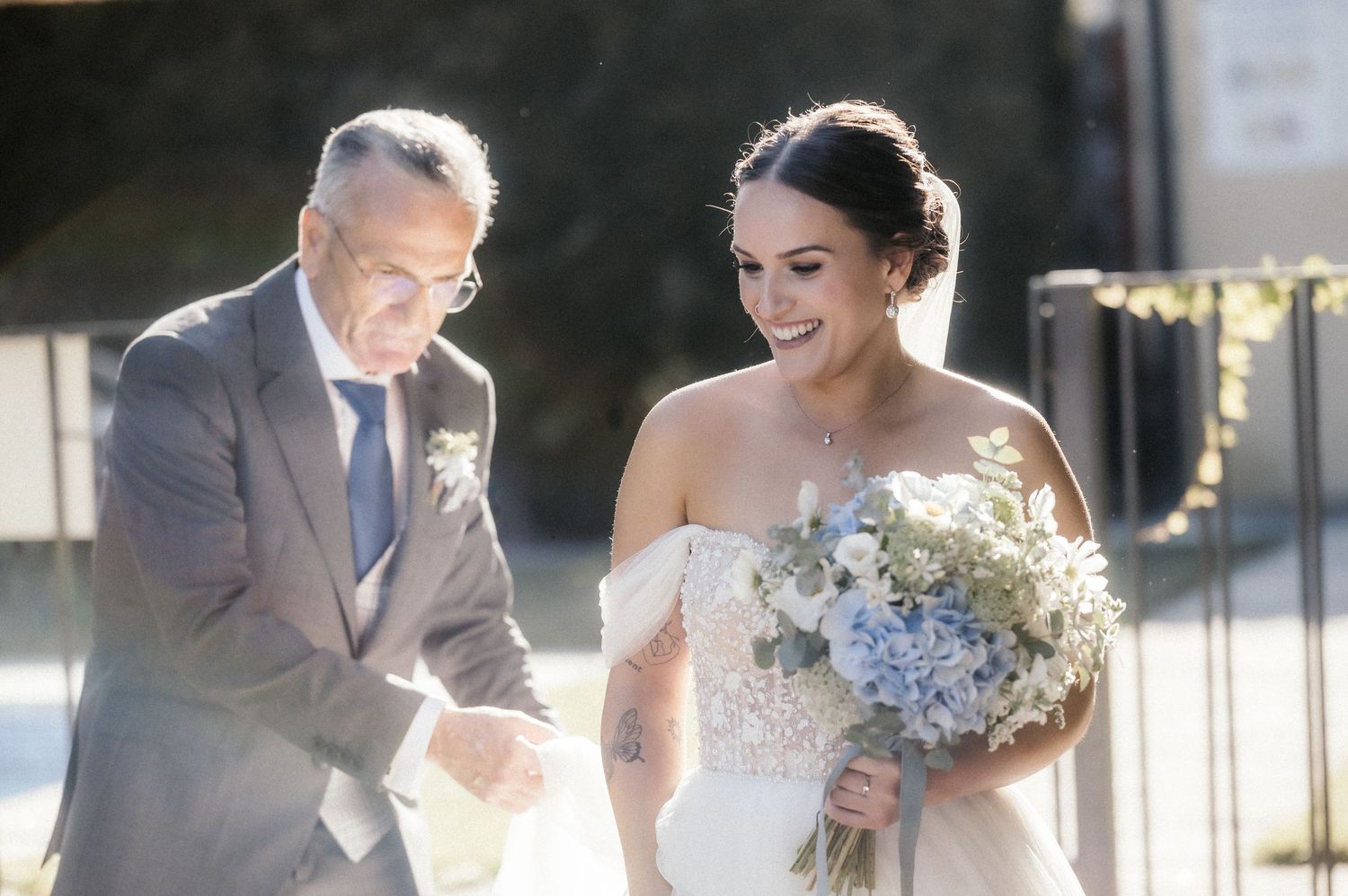 A wedding couple shares joyful moments together in a series of candid outdoor photos.