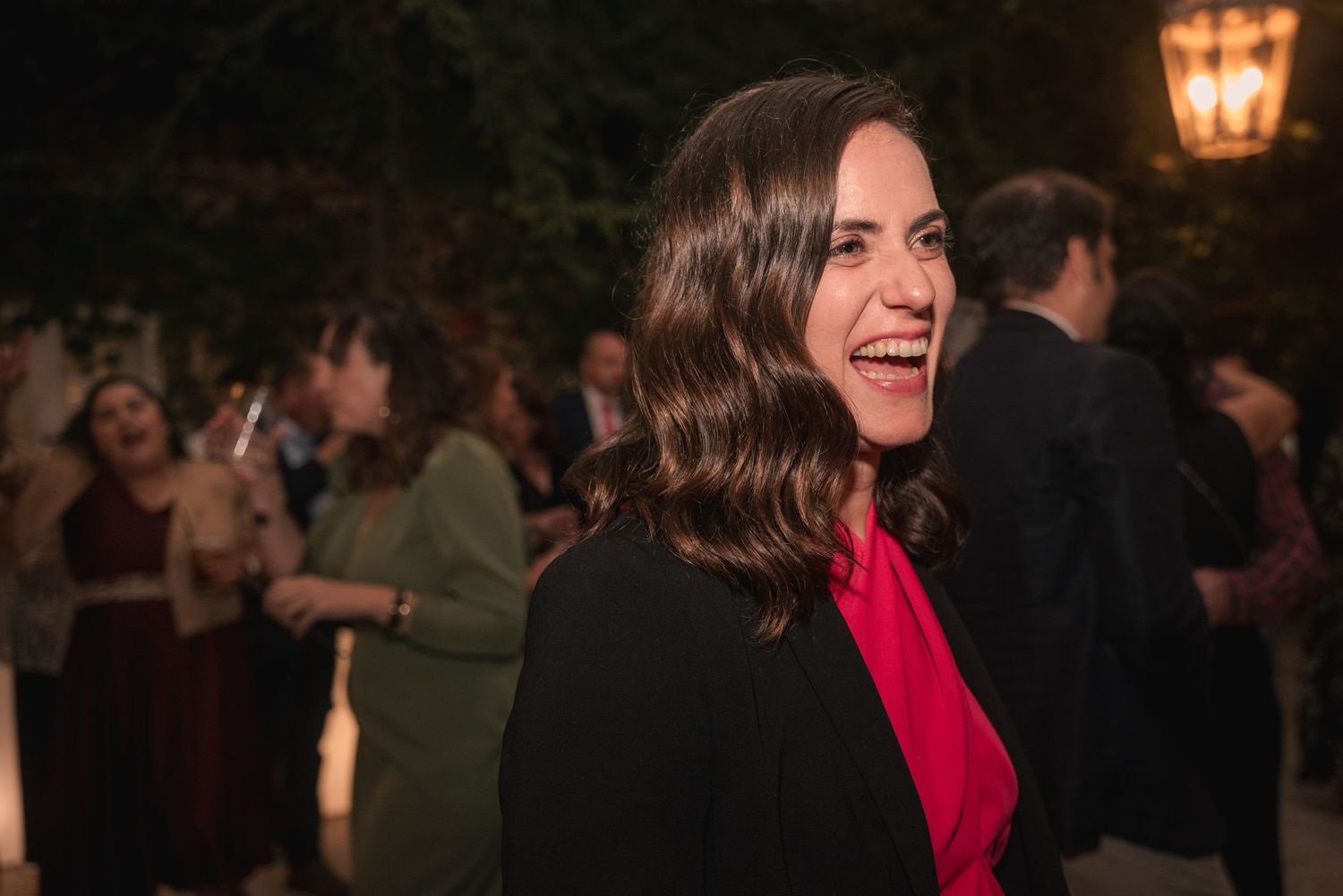 A series of candid party photos showing people laughing and socializing at an indoor evening event.