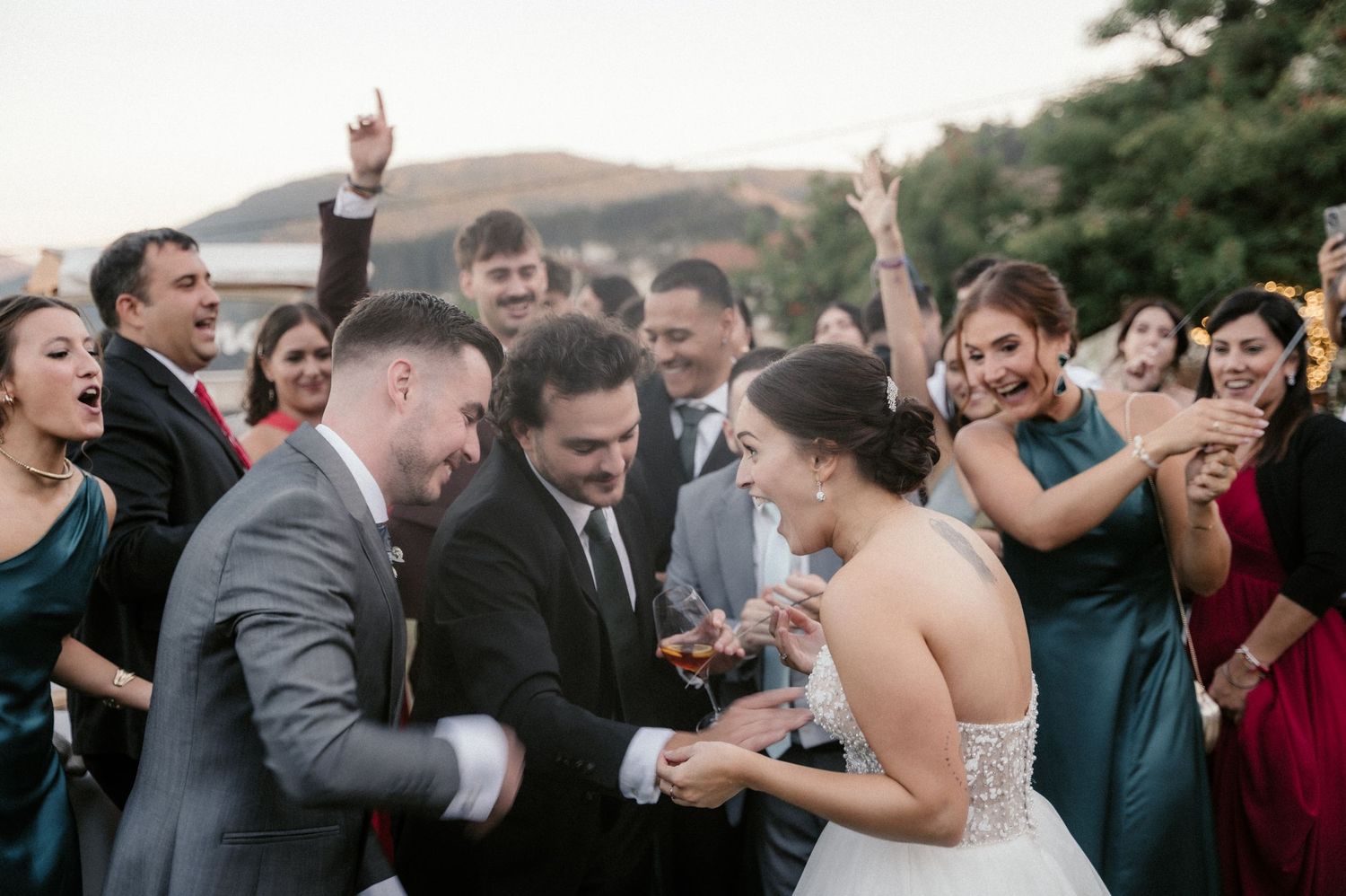 Wedding guests celebrate and cheer during a joyous reception moment on the dance floor.