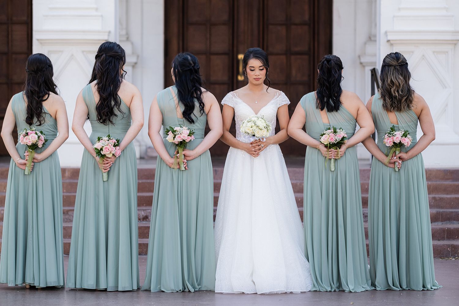 New Orleans wedding party photos with bridal party, bridesmaids, creative, modern
