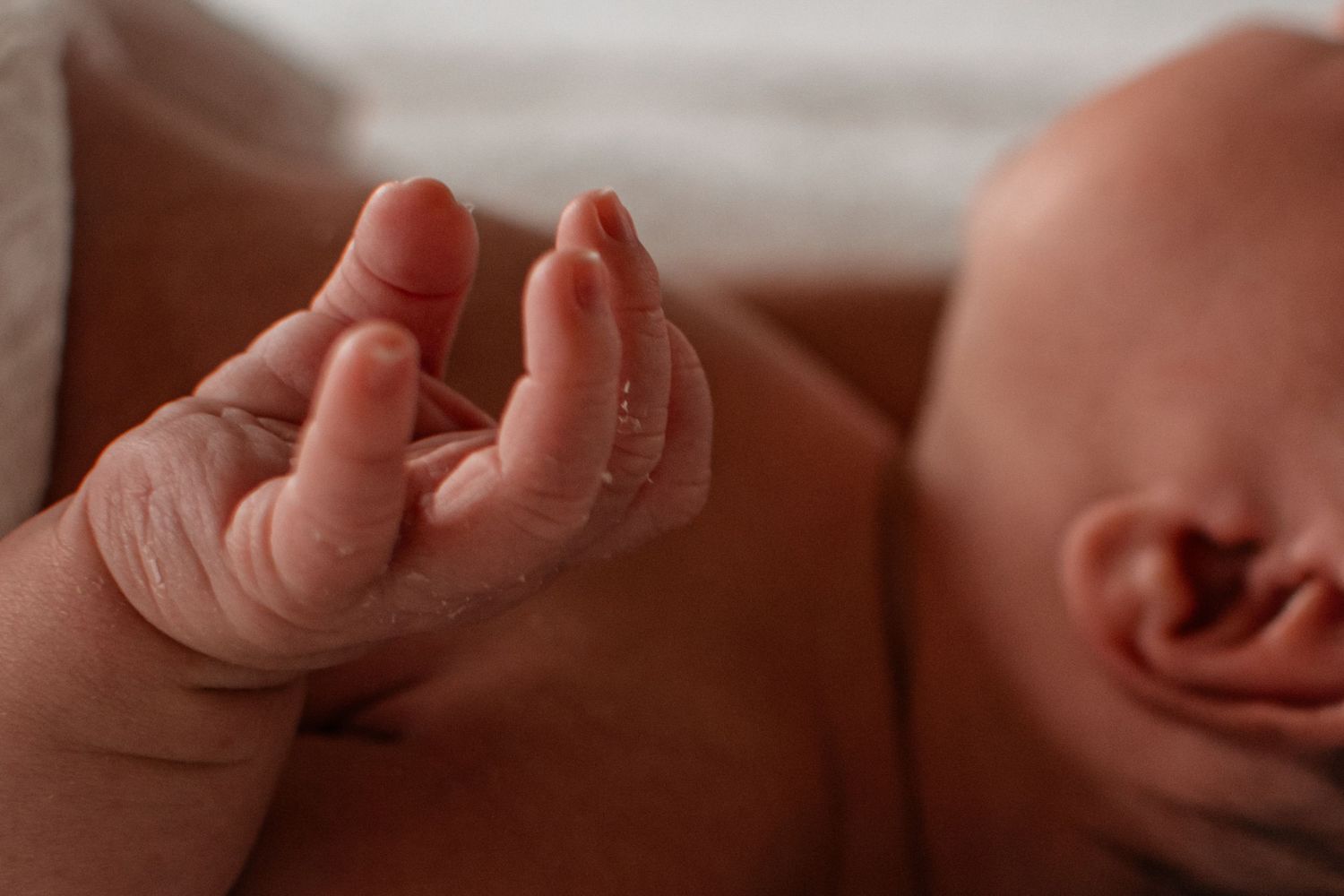 Details of a newborns fingers in natural light.