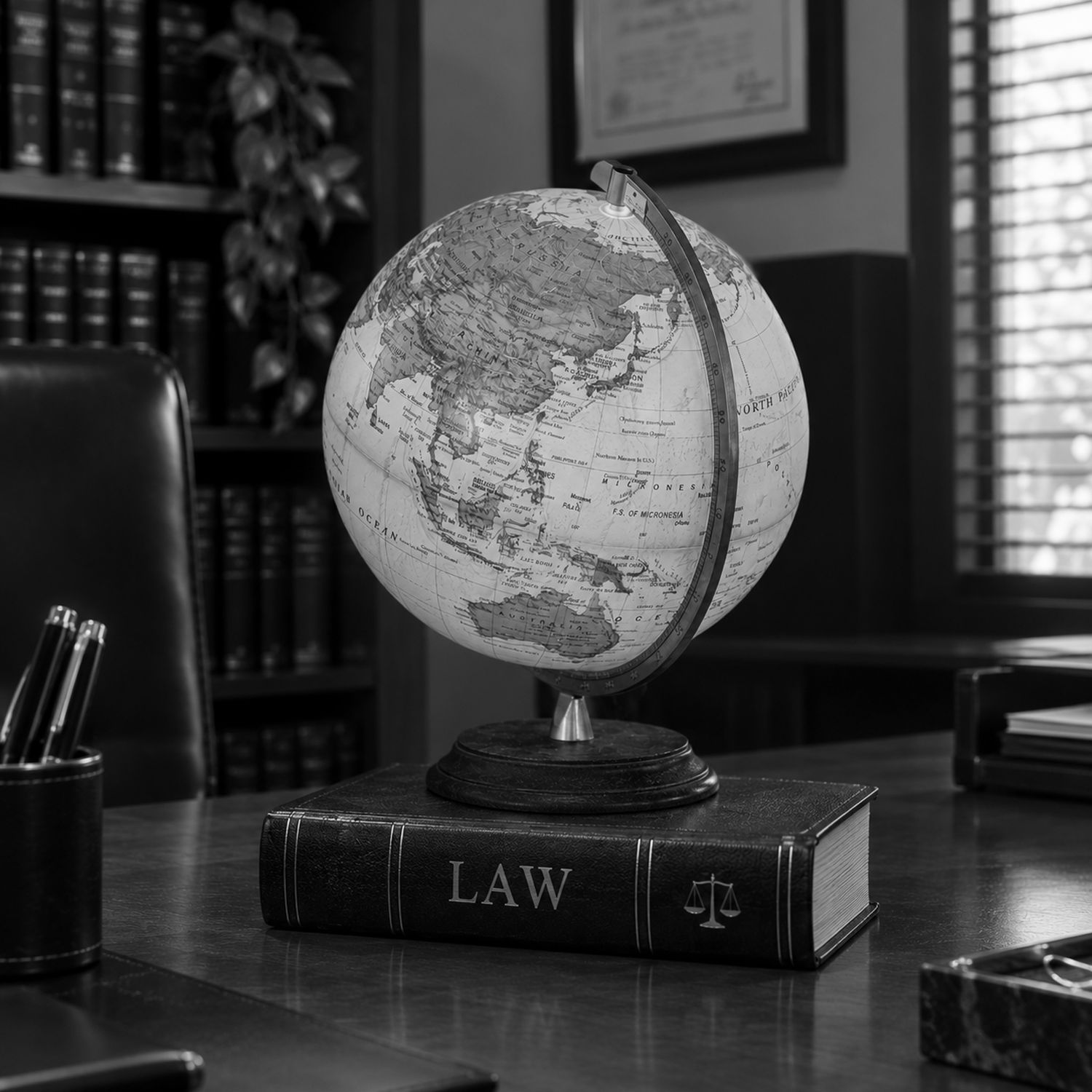 Black and white image of a decorative globe placed on a LAW book on a lawyer's desk.