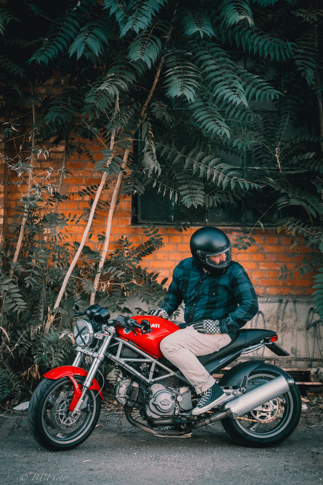 Motorcyclist in a black helmet and plaid jacket sits on a red naked motorcycle in front of a brick wall covered with green fern leaves.