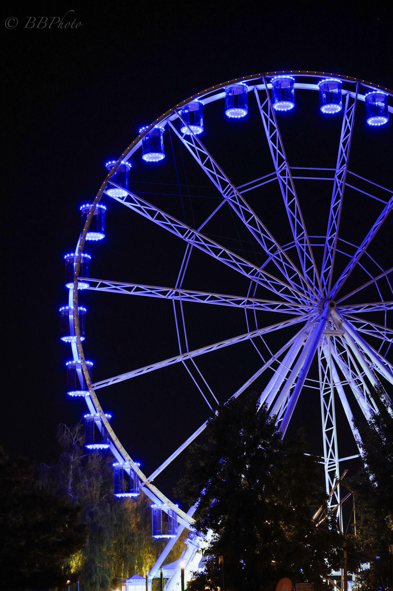 Large ferris wheel glowing in blue lights with gondolas visible against dark night sky and trees.