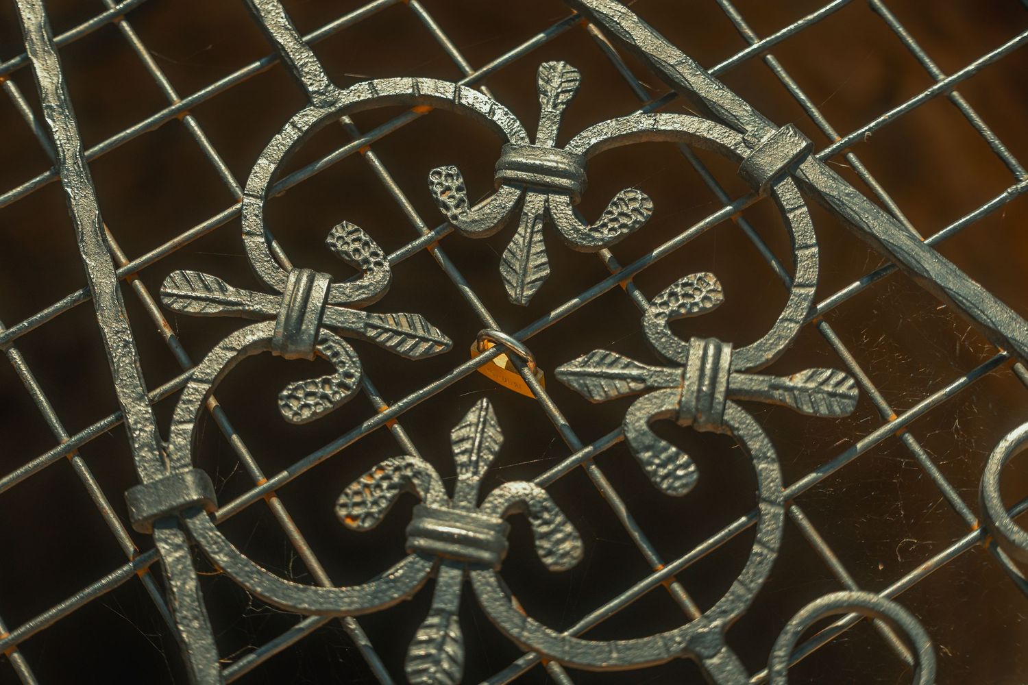 Close-up of ornate wrought iron metalwork with fleur-de-lis and leaf motifs on a decorative gate or grill.