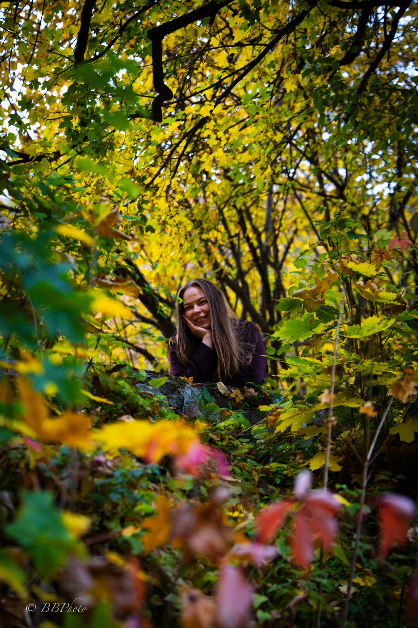 Smiling young woman with long hair rests her chin on her hand, framed by colorful yellow, green and red autumn foliage in a forest.