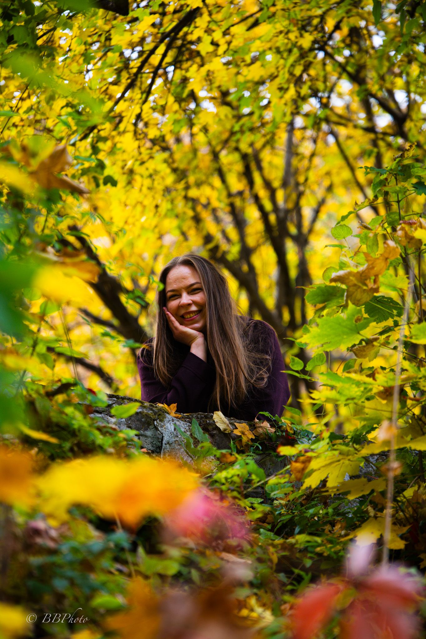 Smiling woman with long brown hair rests her chin on her hand among vibrant yellow and orange autumn leaves in a sunlit forest.