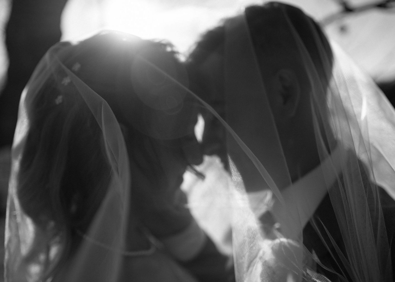 Black and white artistic photo of a bride and groom kissing beneath a flowing wedding veil in sunlight.