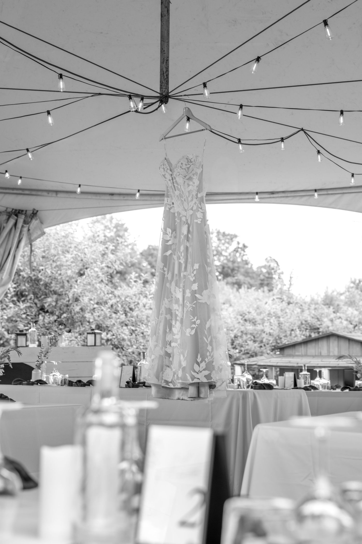 Wedding dress hanging under a tent with string lights in black and white.