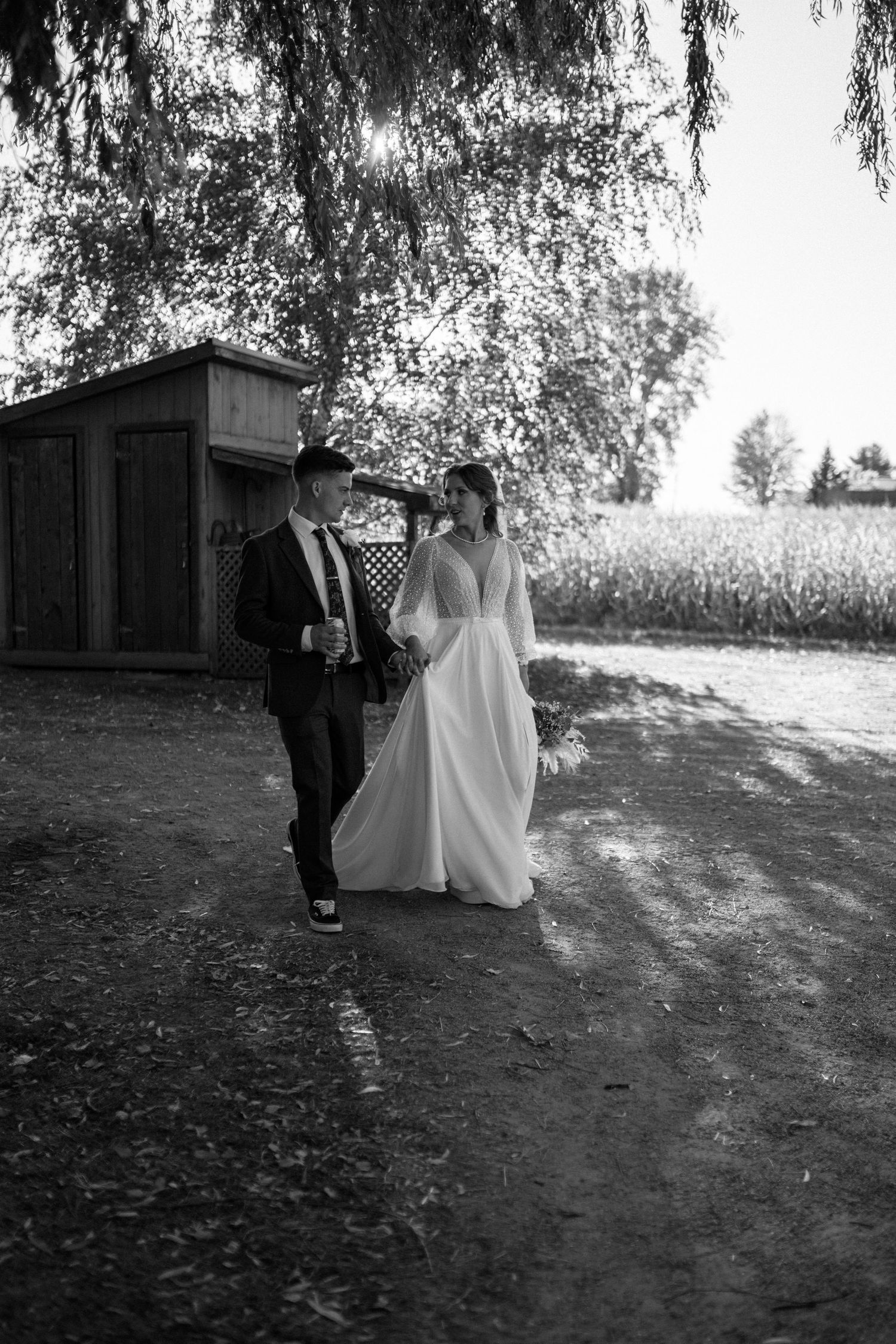 Bride and groom walk hand in hand near a rustic barn and cornfield on their wedding day.