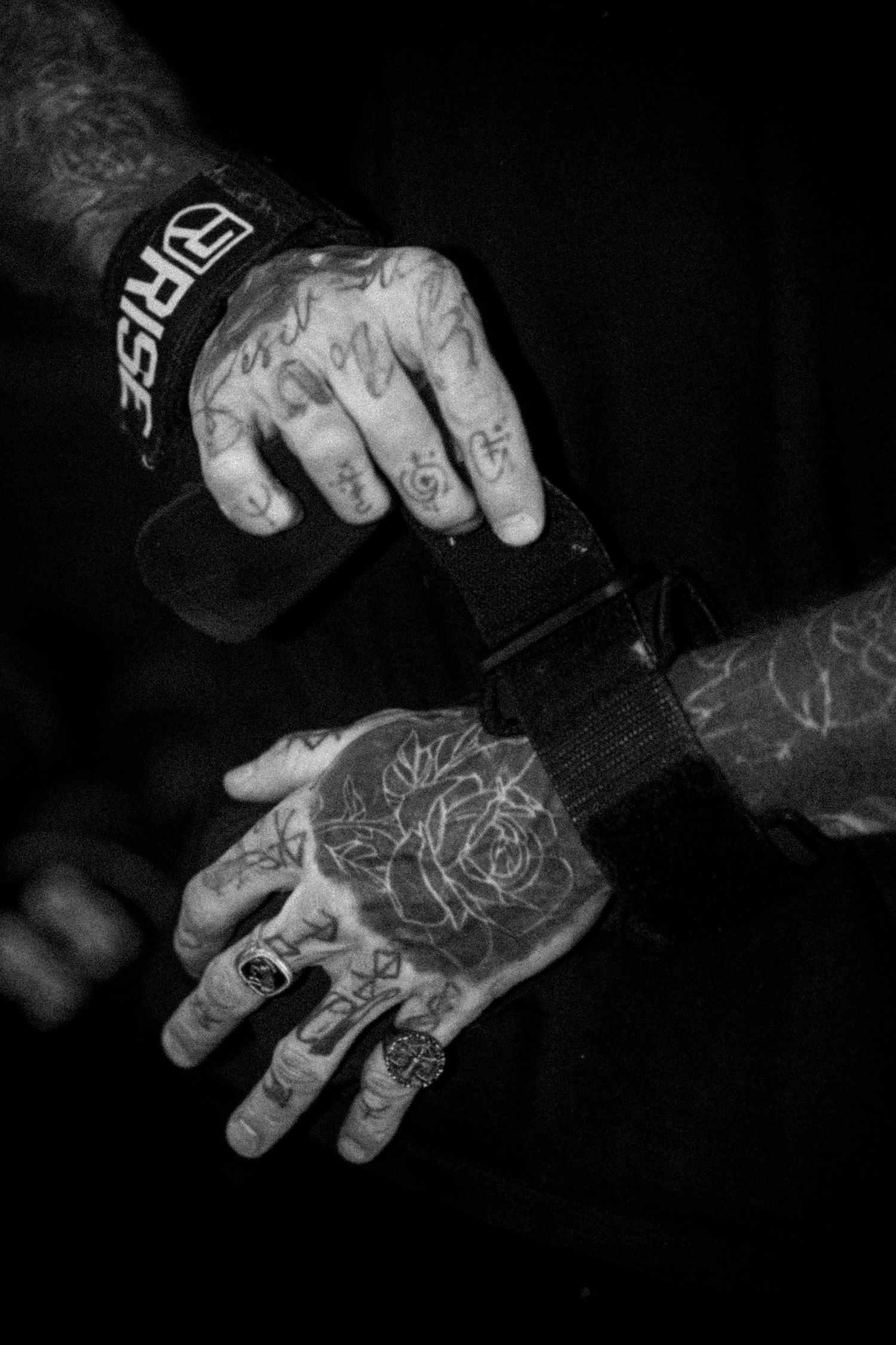 Tattooed hands adjusting black lifting straps with Rise wristband in black and white photo.