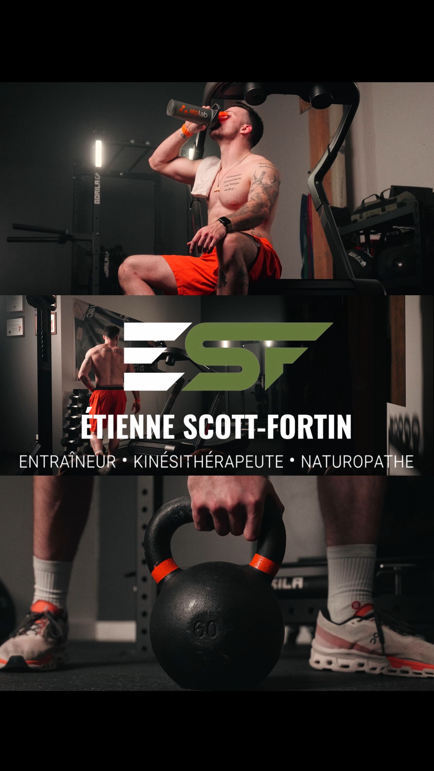 Fitness trainer Etienne Scott-Fortin promotional collage showing athlete exercising with kettlebell in professional gym setting.