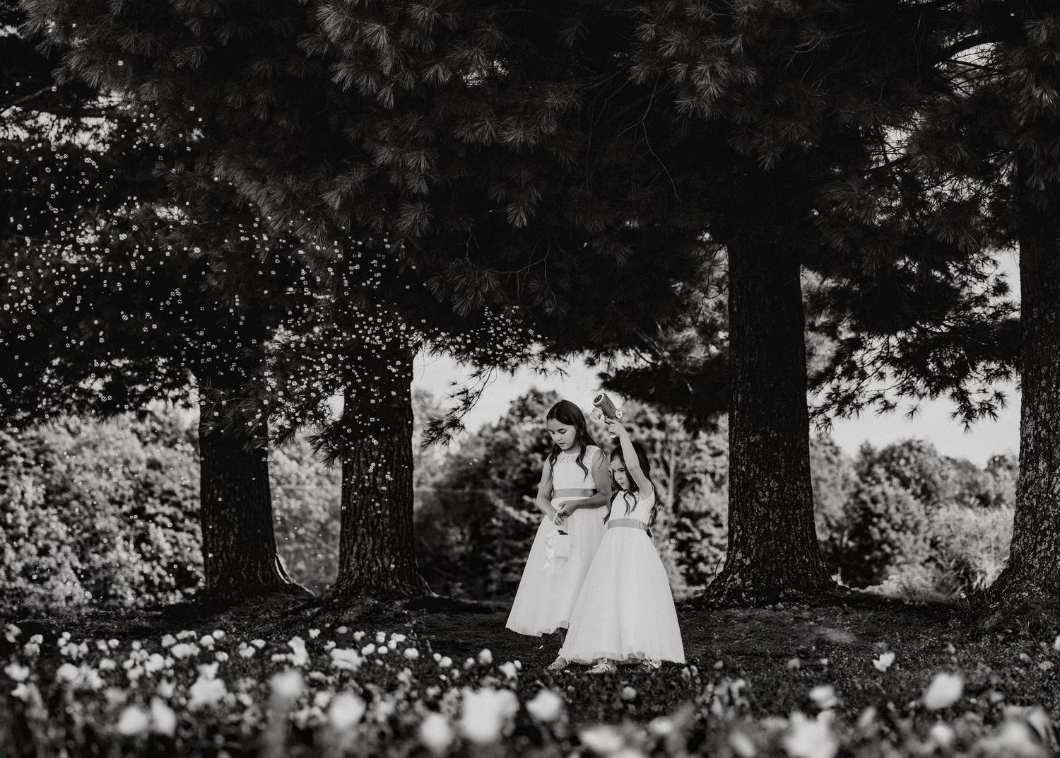 Two brides embrace among tall trees in a romantic black and white outdoor wedding photo.
