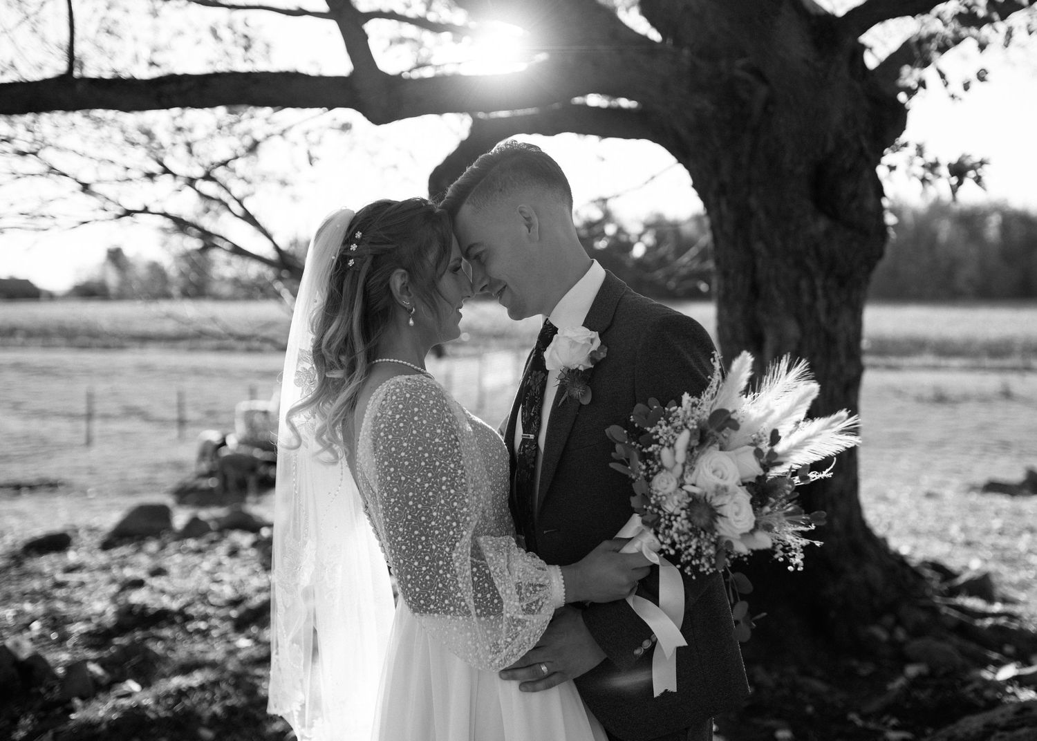 Black and white romantic photo of newlyweds kissing under a large tree at golden hour.