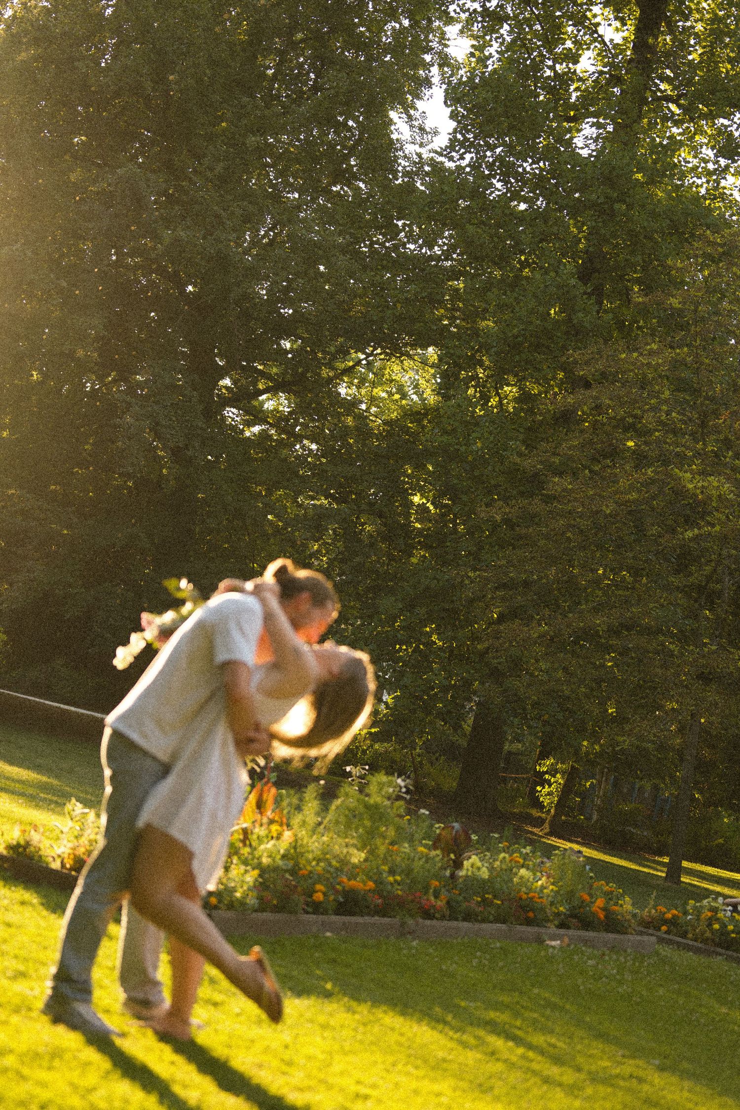 Couple sharing a romantic dip kiss on a lush green lawn with warm golden sunset light filtering through trees.