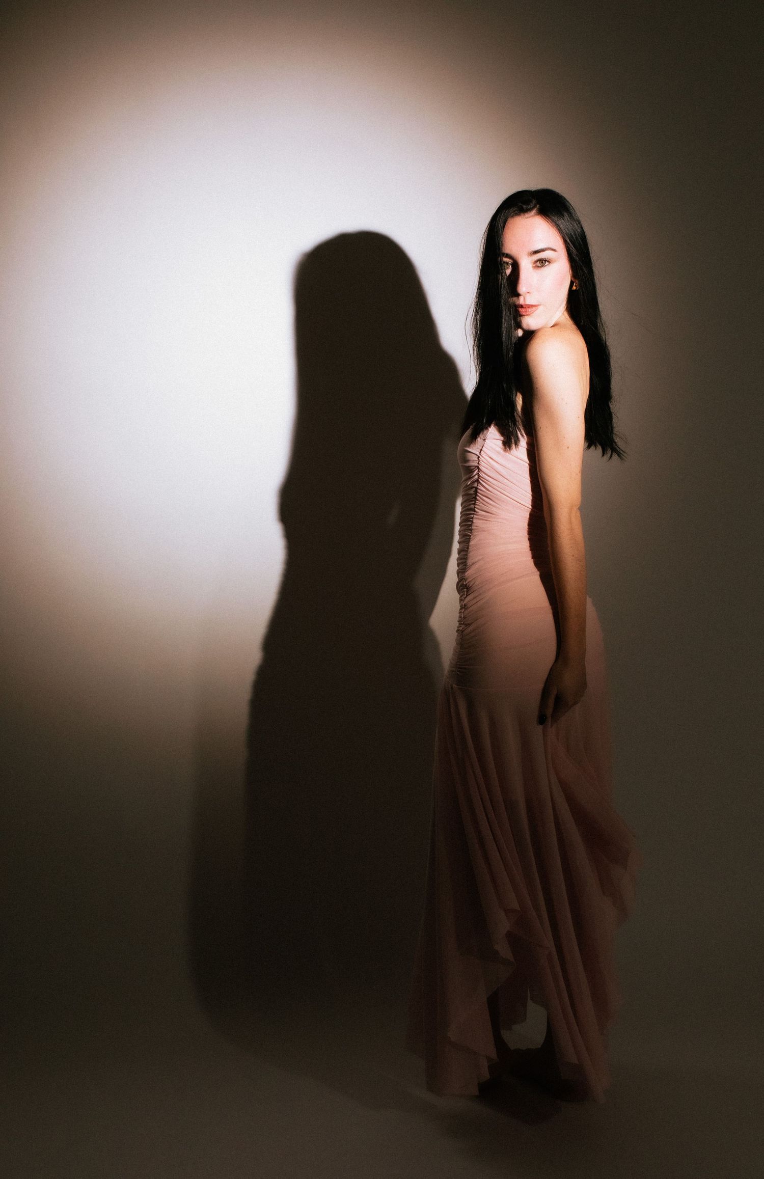 A woman in a blush pink gown stands elegantly against a softly lit wall, casting a dramatic shadow behind her.