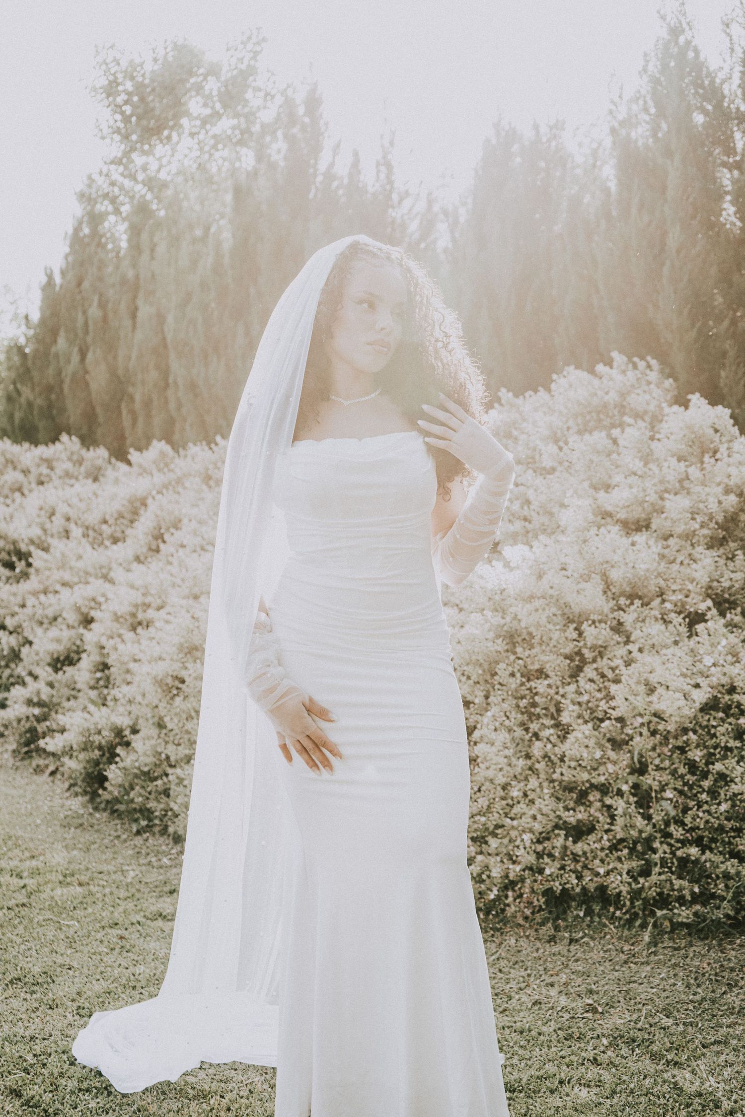 Bride in a ruched white gown and flowing veil stands among soft white blooms in dreamy natural light.