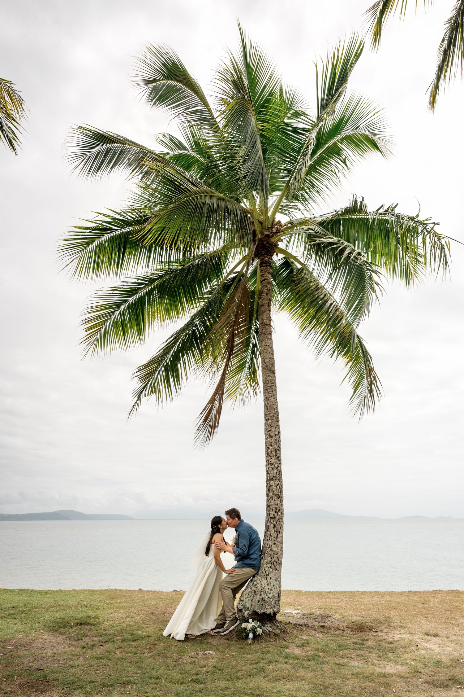 Newlyweds share tender moment leaning against tall palm tree on tropical beach shoreline at Little Cove, Port Douglas.