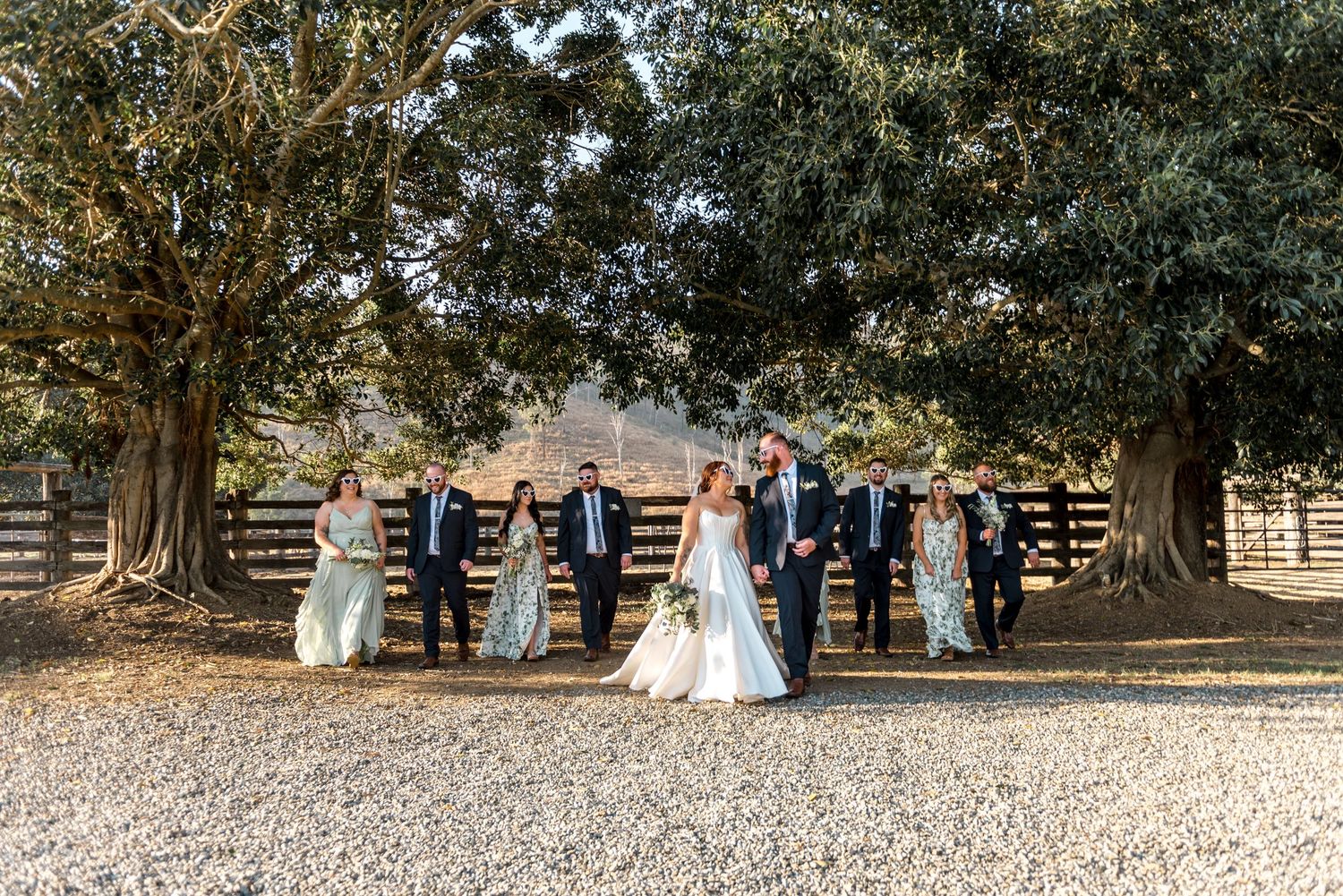 Bride and groom walk with wedding party between two large trees on gravel path.