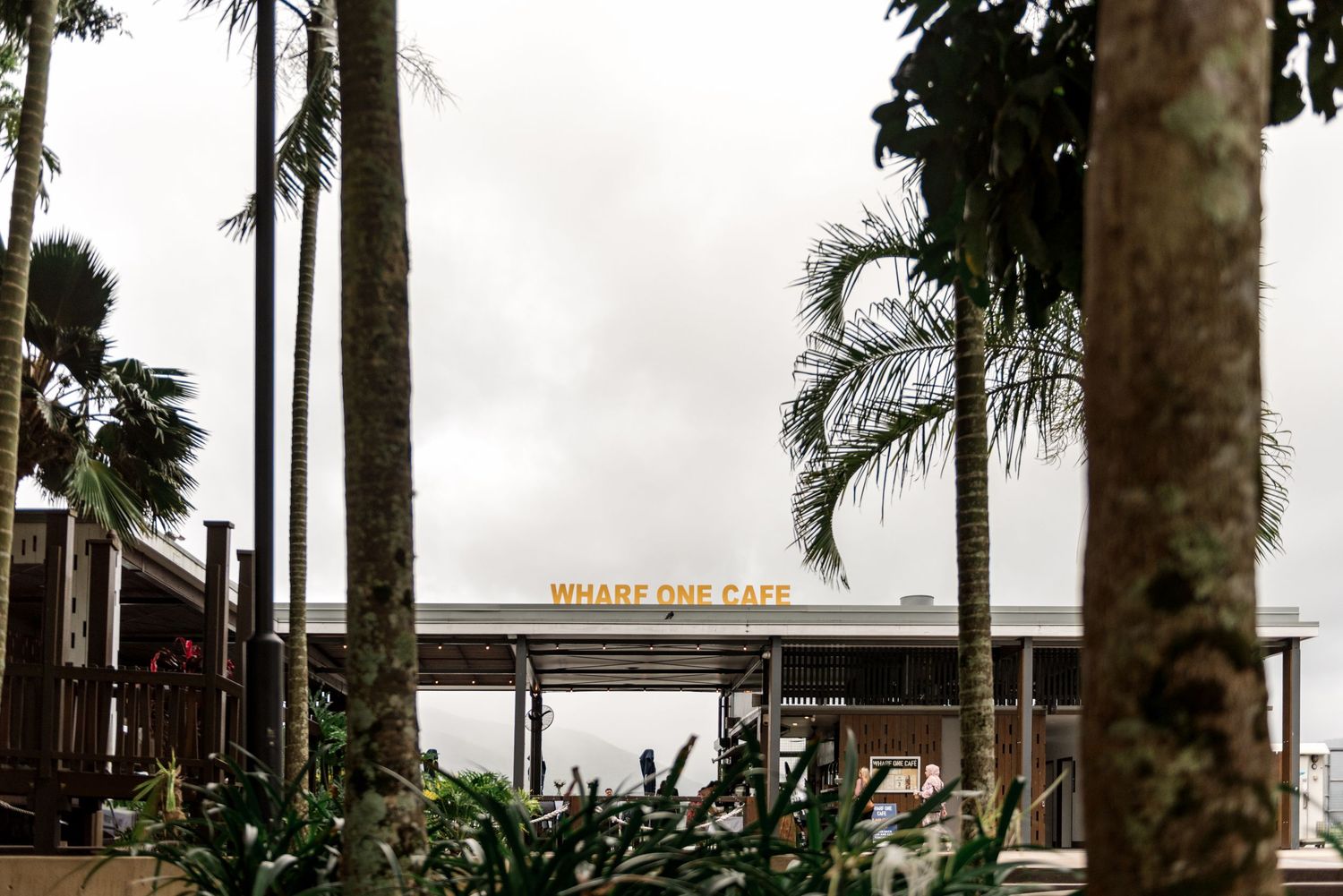 Wharf One Cafe wedding venue exterior framed by tropical palm trees under an overcast sky.