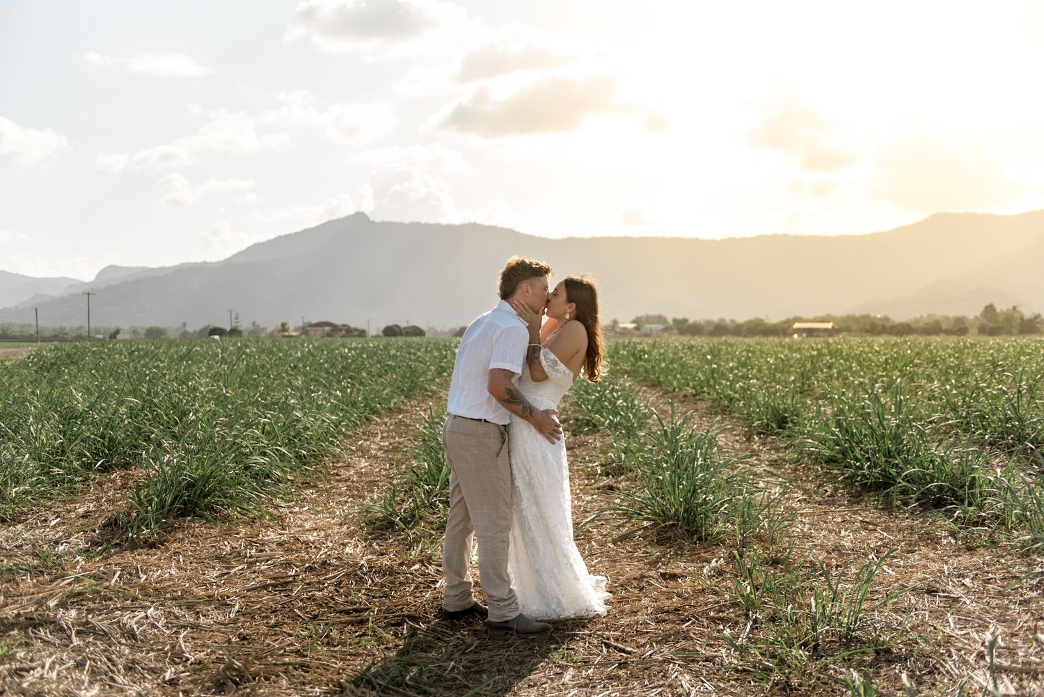 Bride in white lace gown and groom kissing in a sunlit farm field with mountain scenery.