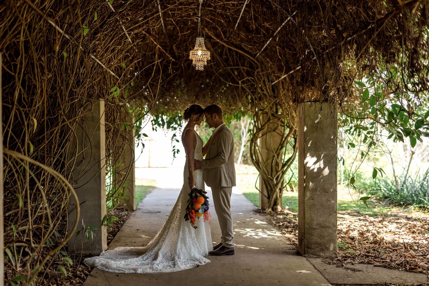 Wedding couple embrace in silhouette under a rustic vine archway with hanging chandelier.