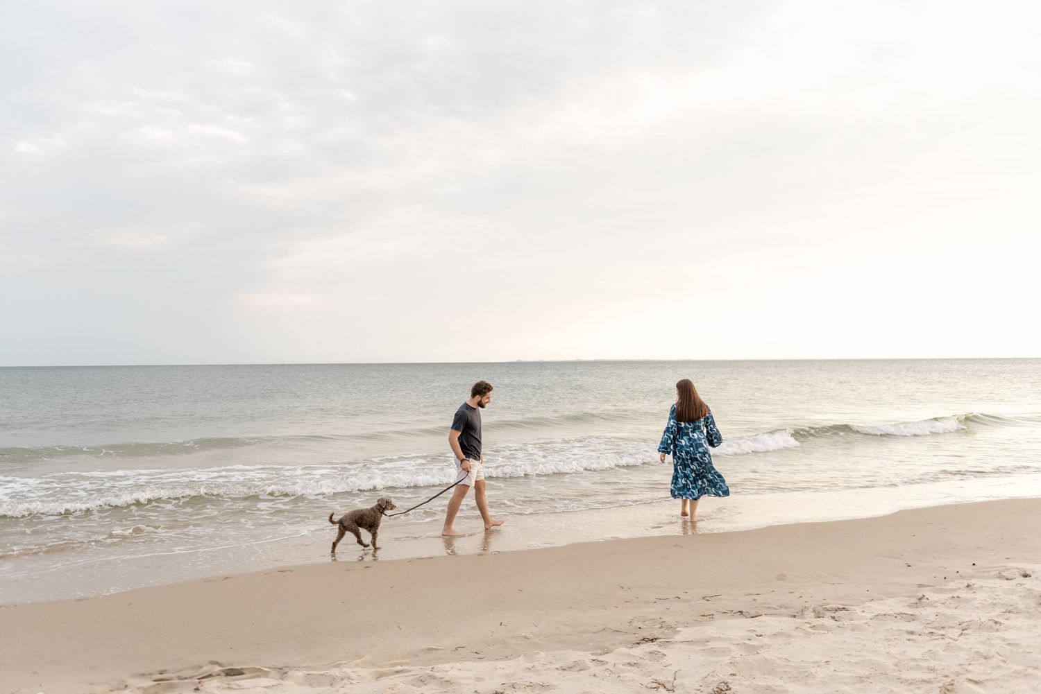 Couple walking gray dog along ocean shoreline at sunset on sandy beach.