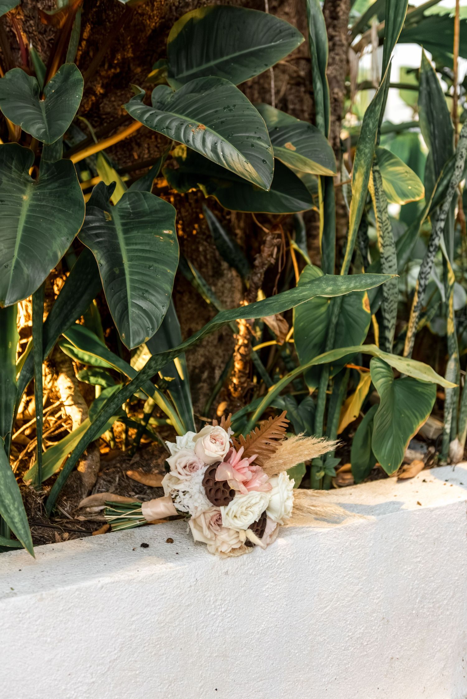 Boho bridal bouquet with white roses, blush flowers, and dried grasses resting on white wall with tropical foliage.