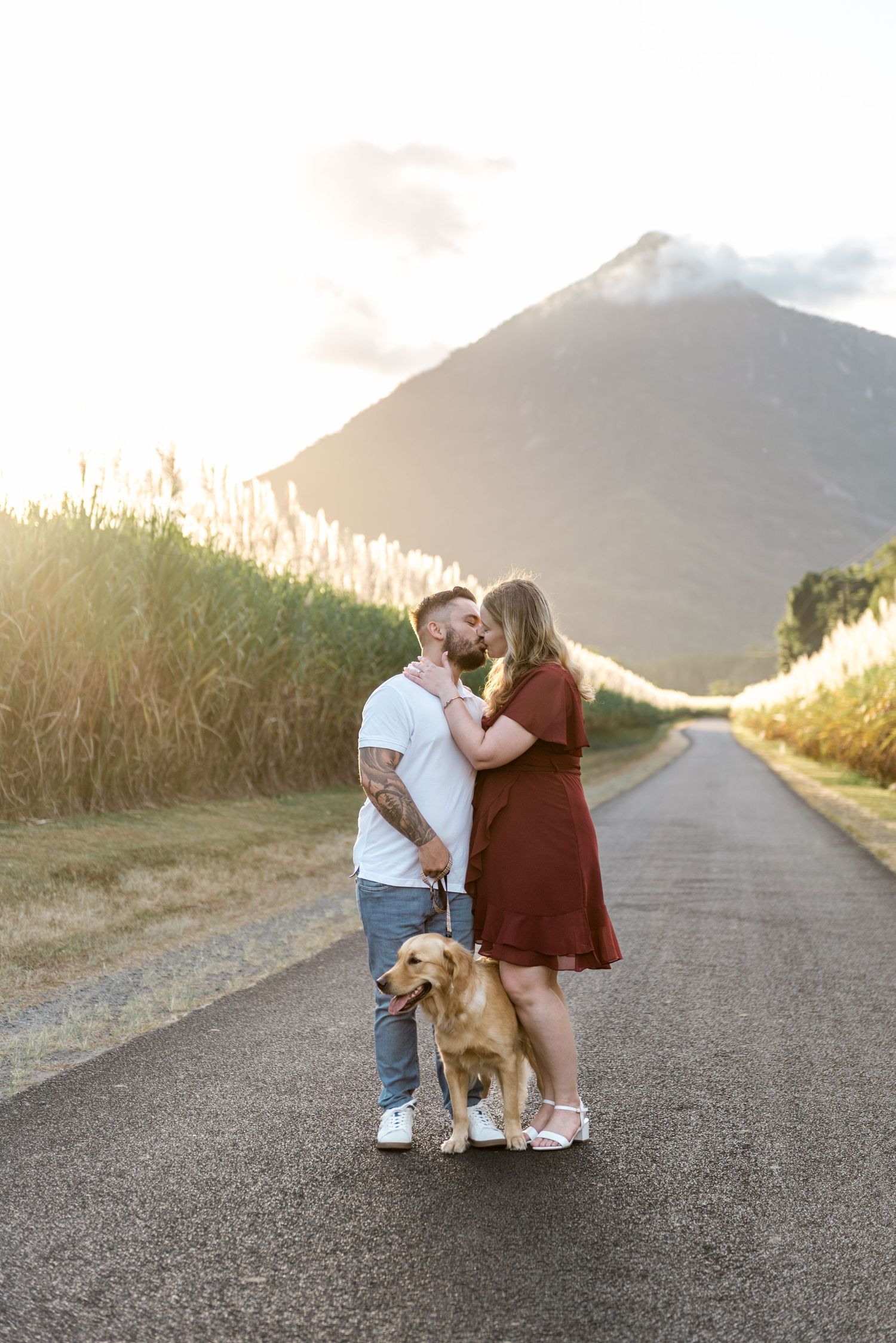 A couple shares a kiss while holding their golden retriever on a scenic mountain road.