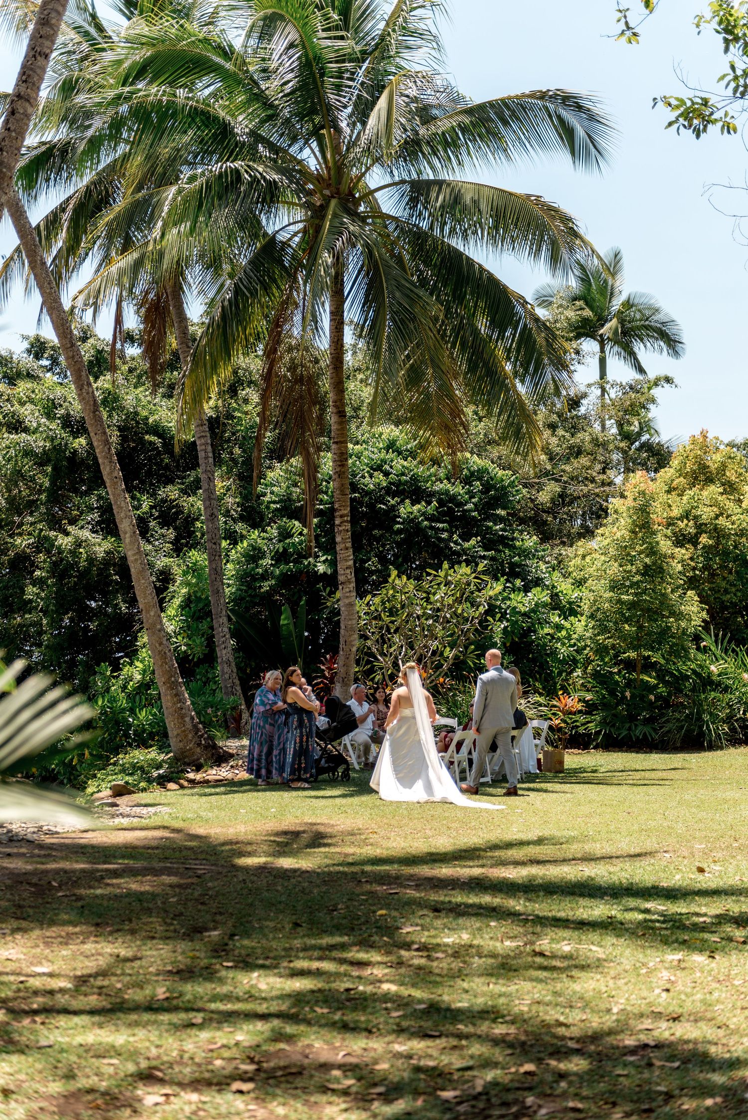 Bride walking down the aisle in a tropical garden ceremony surrounded by tall palm trees.