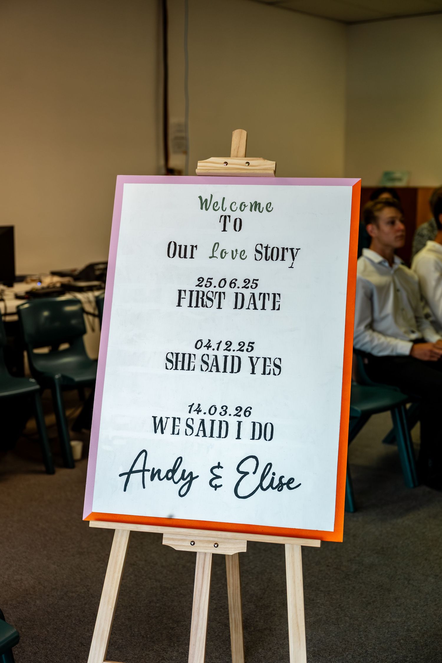 Wedding welcome sign on easel displaying Andy and Elise love story timeline milestones.