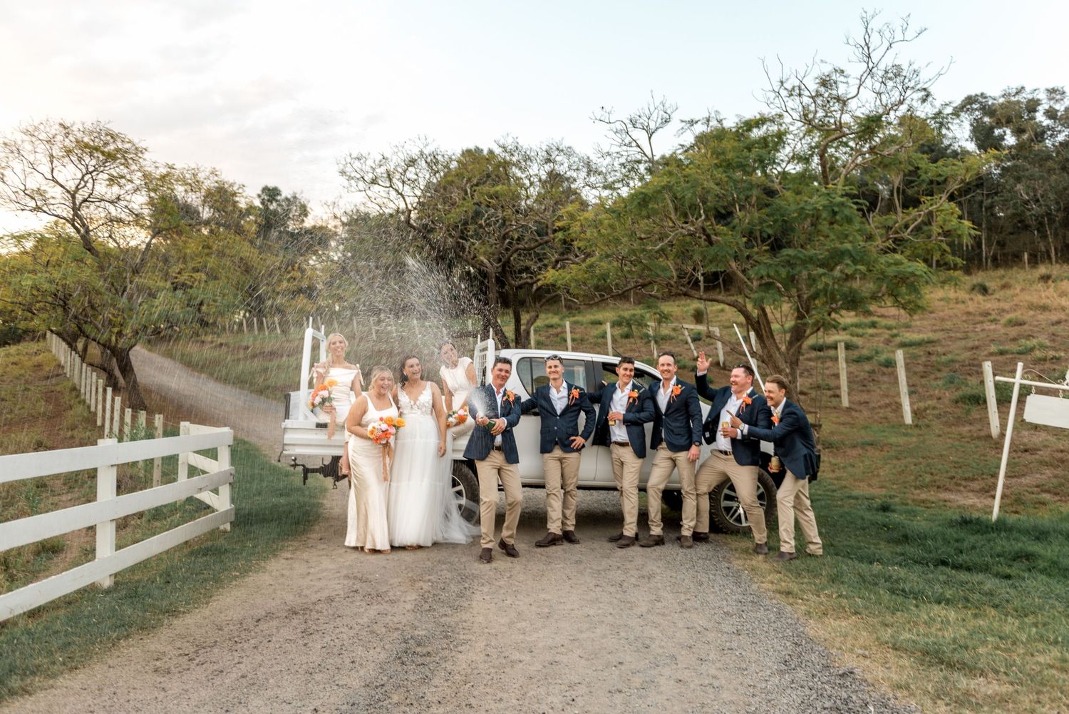 Wedding party pops champagne bottles together on a country dirt road lined with white fencing at sunset.