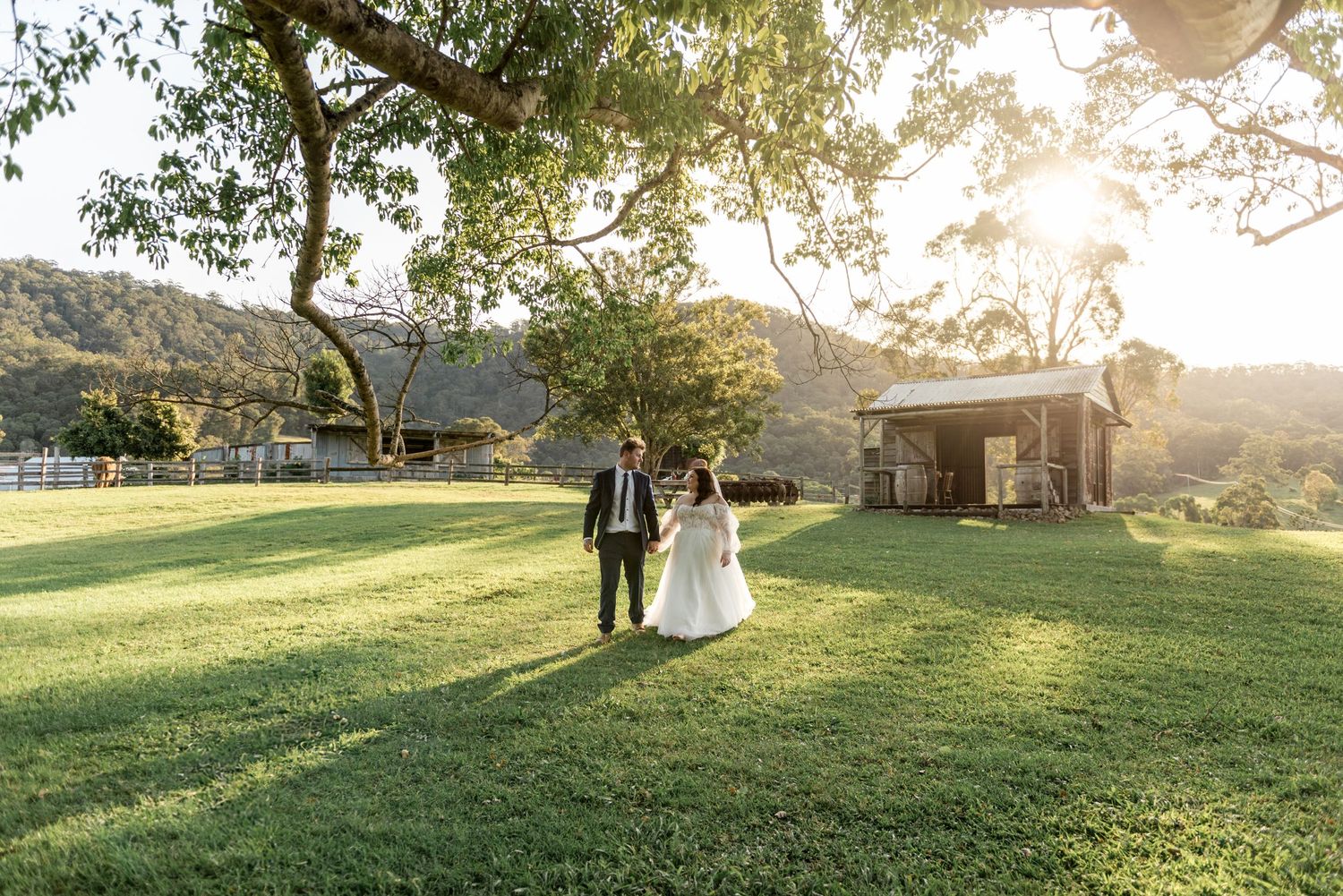 Newlyweds stroll hand in hand beneath a large tree at a scenic countryside wedding venue.