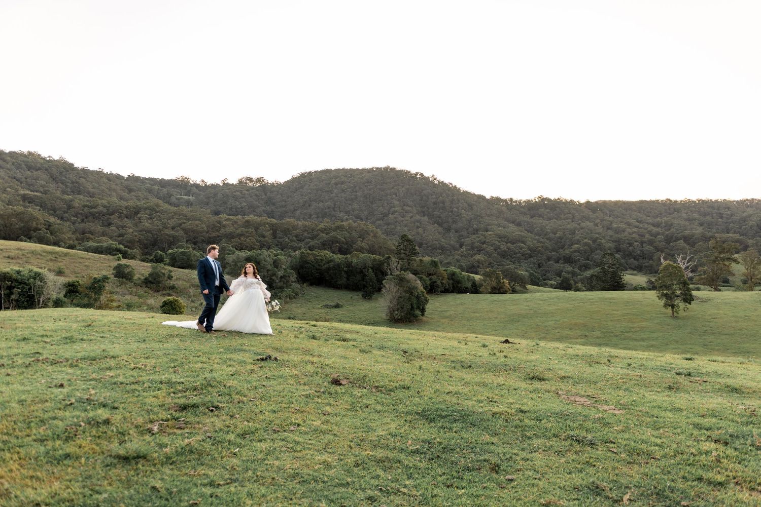 Bride and groom walk hand in hand across a scenic green hillside with forested mountains behind them.