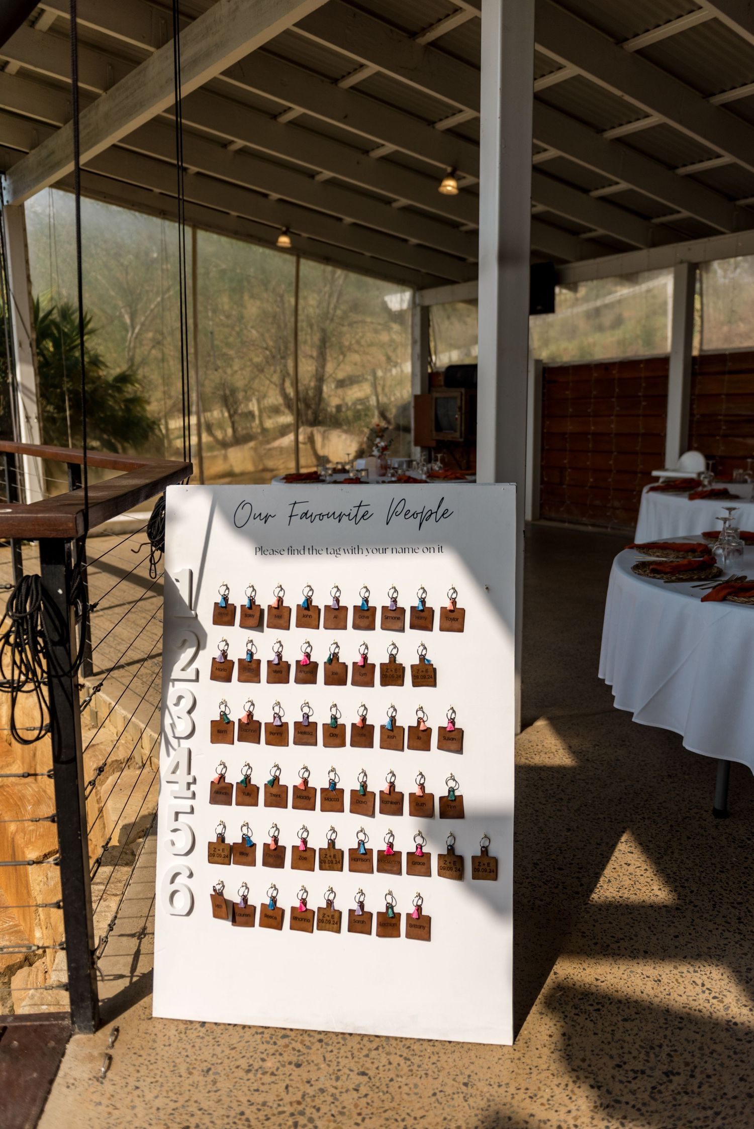 Wedding seating chart board titled Our Favourite People displaying personalized leather keyring place cards.