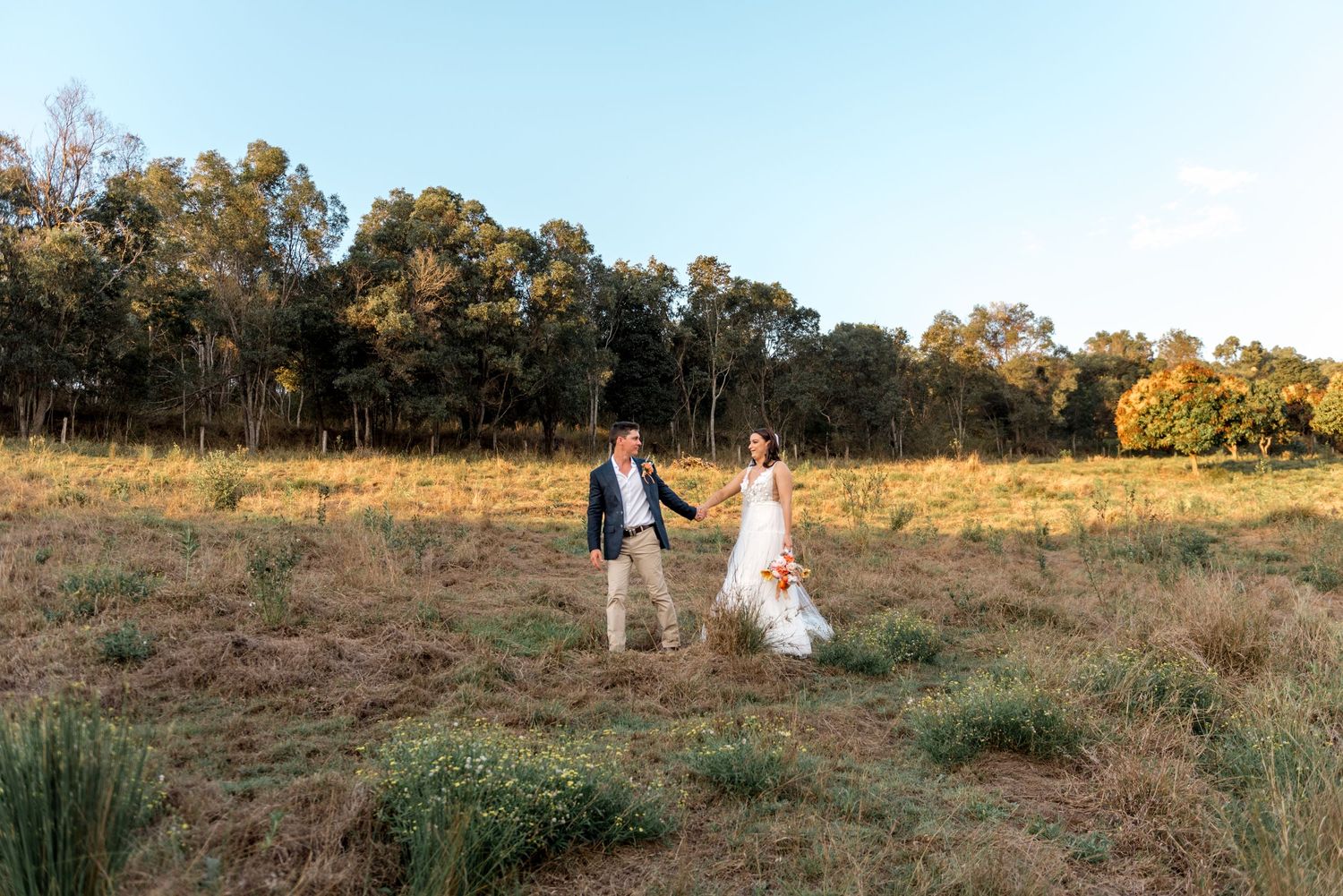Bride and groom hold hands walking through a golden sunlit field with lush green trees in the background.