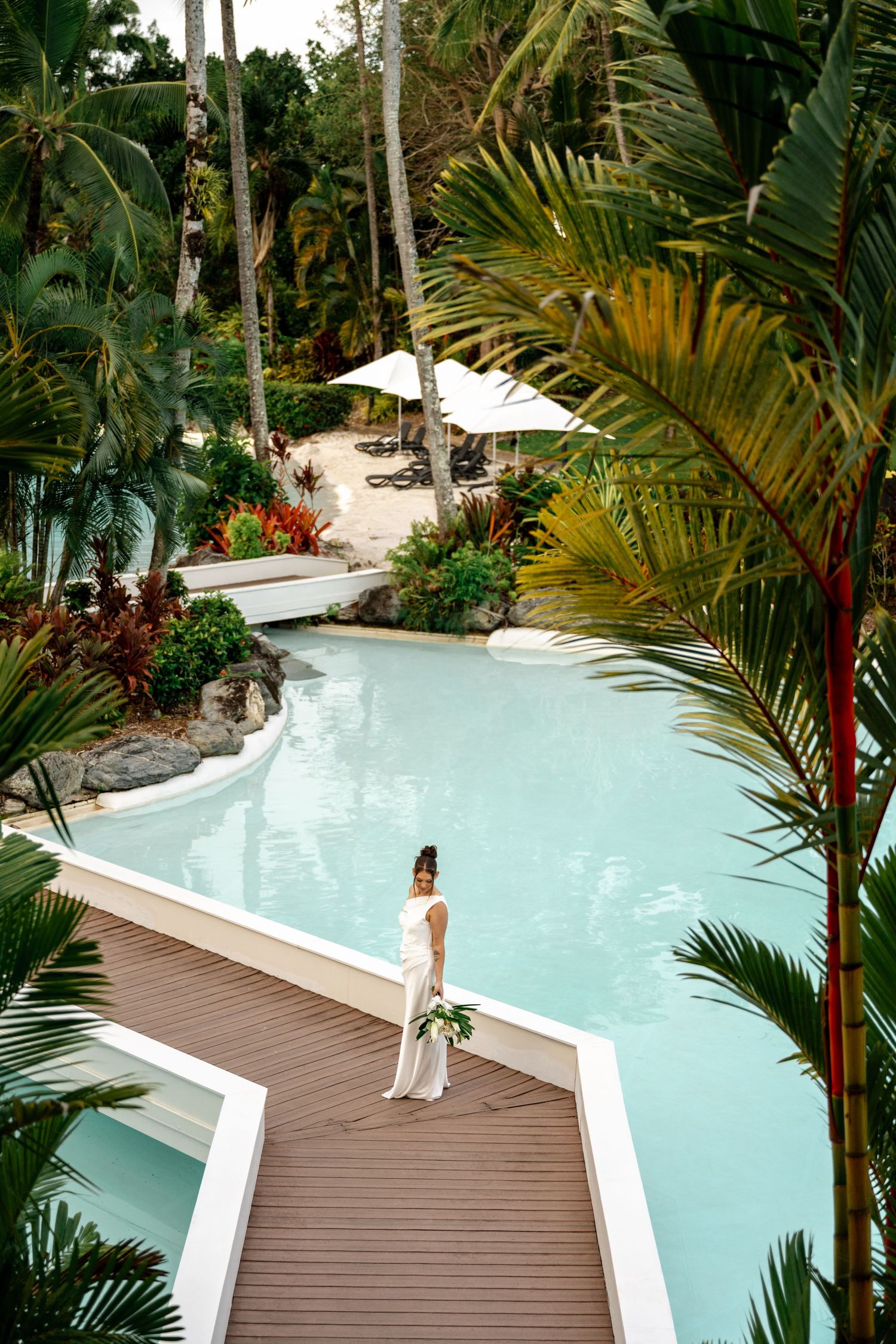 Aerial view of a bride standing on a wooden deck beside a lush tropical resort pool with palm trees at Sheraton Grand Mirage Port Douglas.