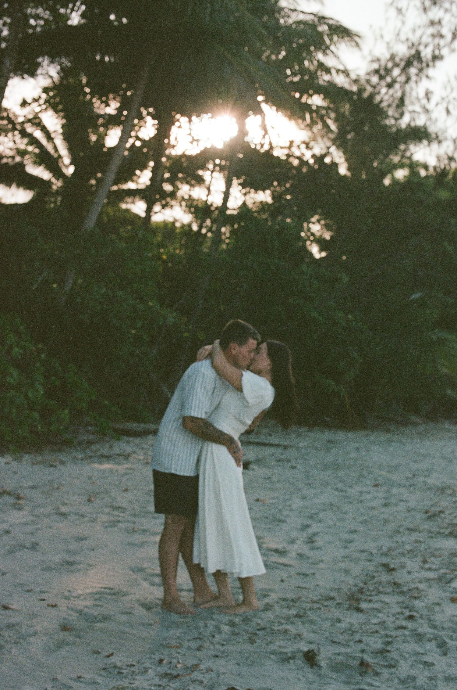 Couple kissing on a beach at sunset with golden light filtering through tropical trees behind them.