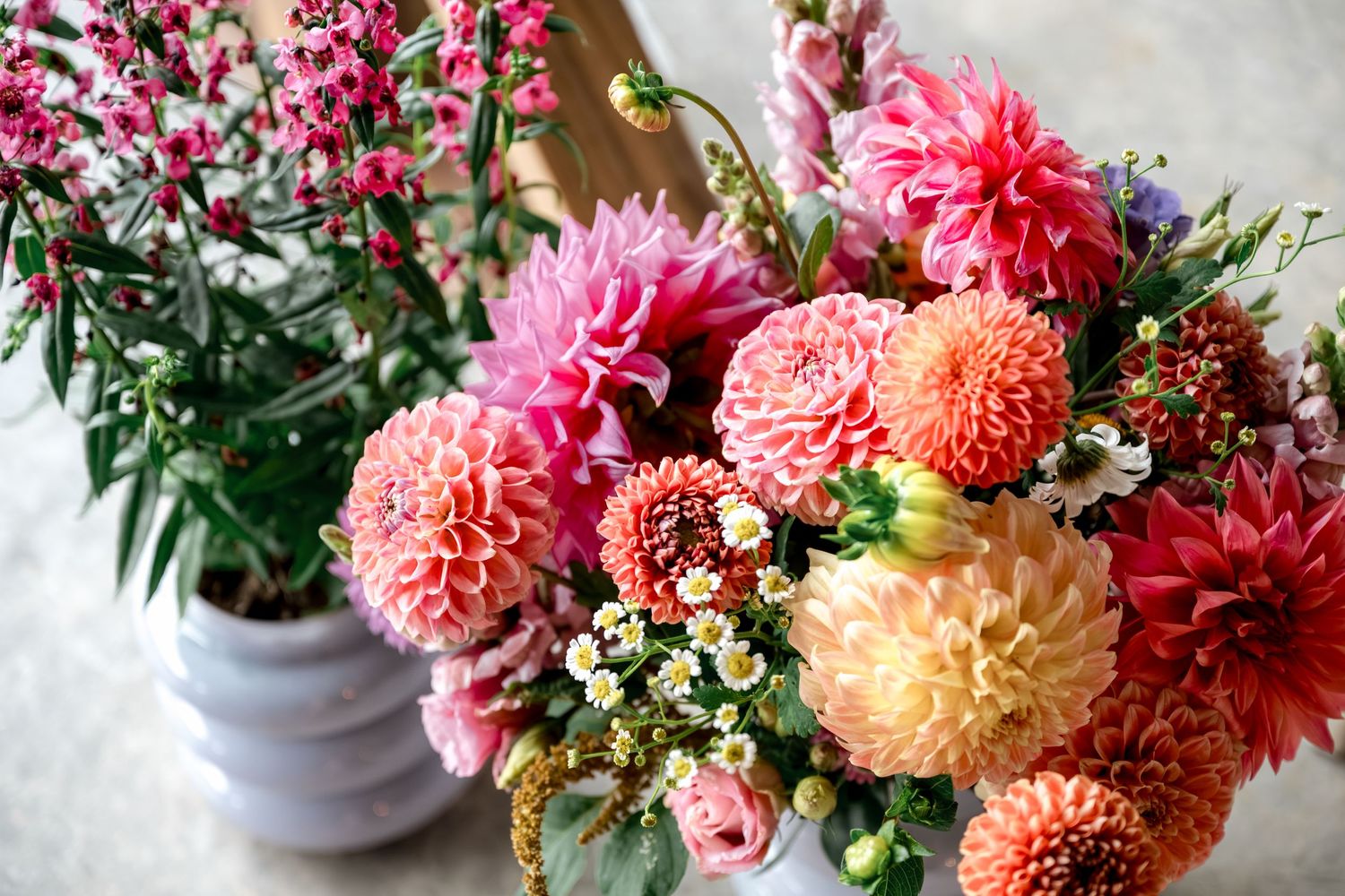 Close-up of vibrant pink and orange dahlia bouquet with small white wildflowers in white vase.