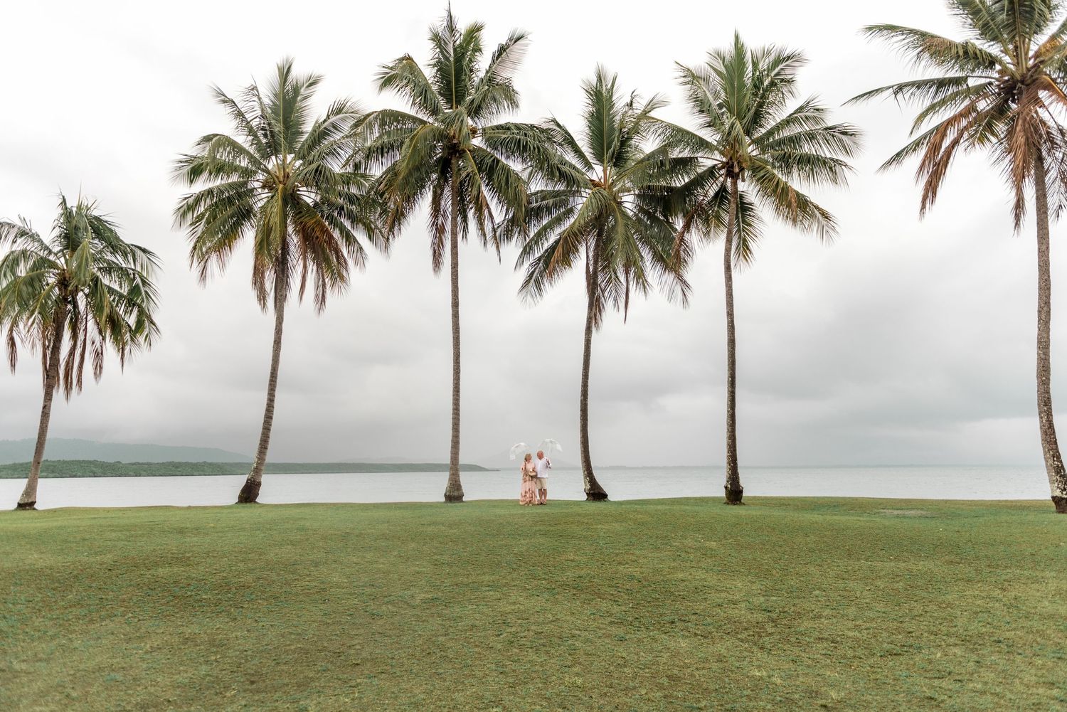 Couple walking across a vast green lawn framed by tall coconut palms with a serene ocean backdrop.