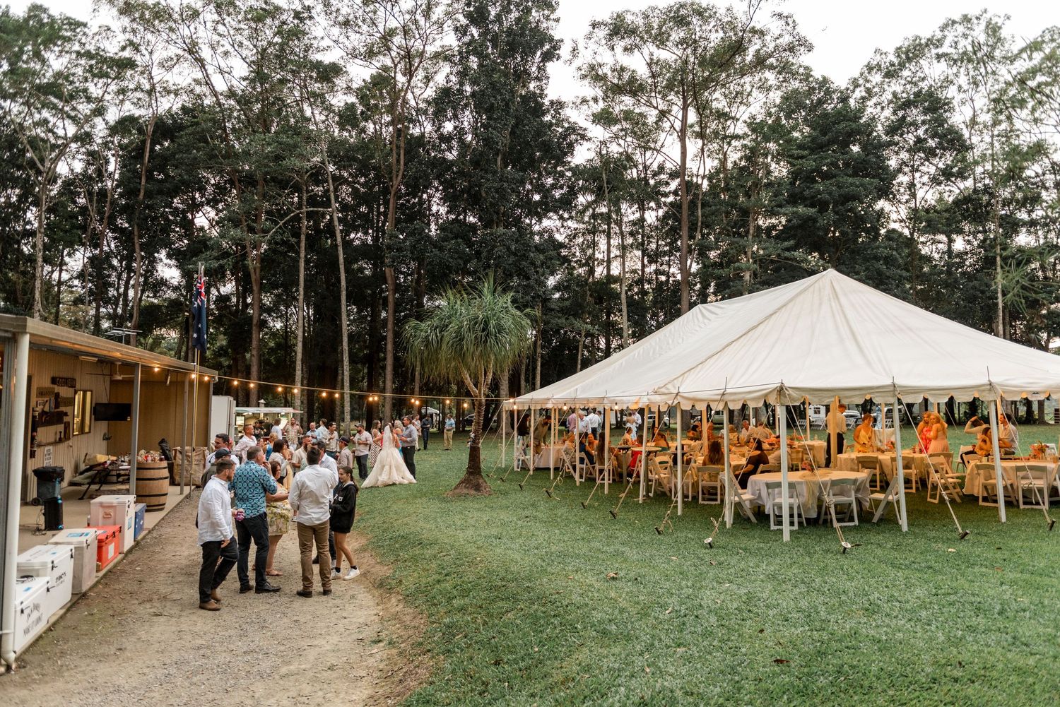 Outdoor wedding reception with white marquee tent, string lights, and guests mingling on green lawn surrounded by tall trees.