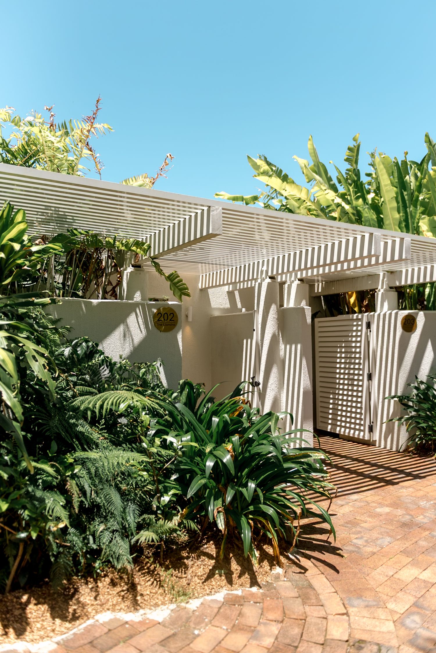 Tropical resort entrance with white lattice gate surrounded by lush green ferns under a clear blue sky.