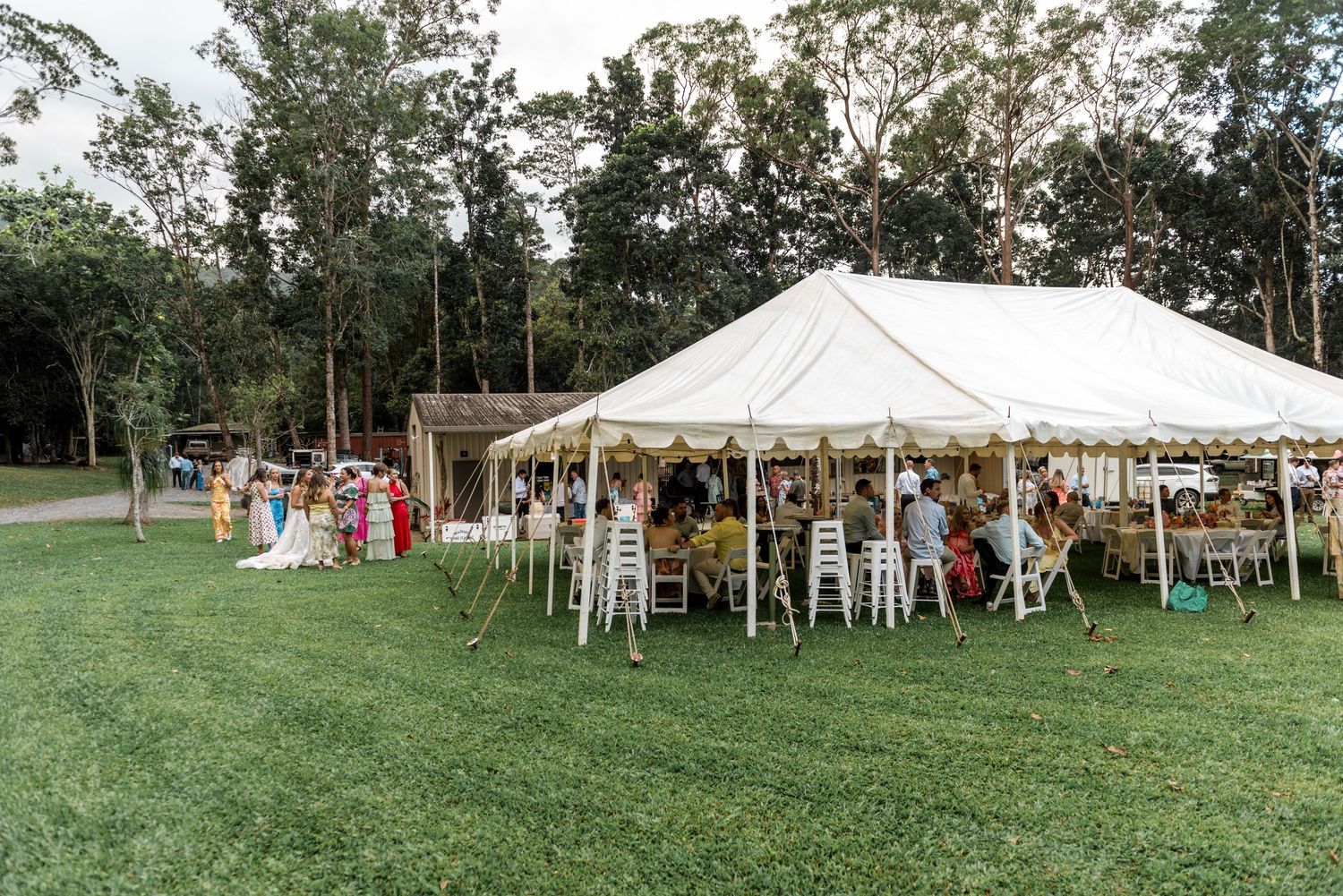 Outdoor wedding reception under large white tent on green lawn surrounded by lush forest trees.