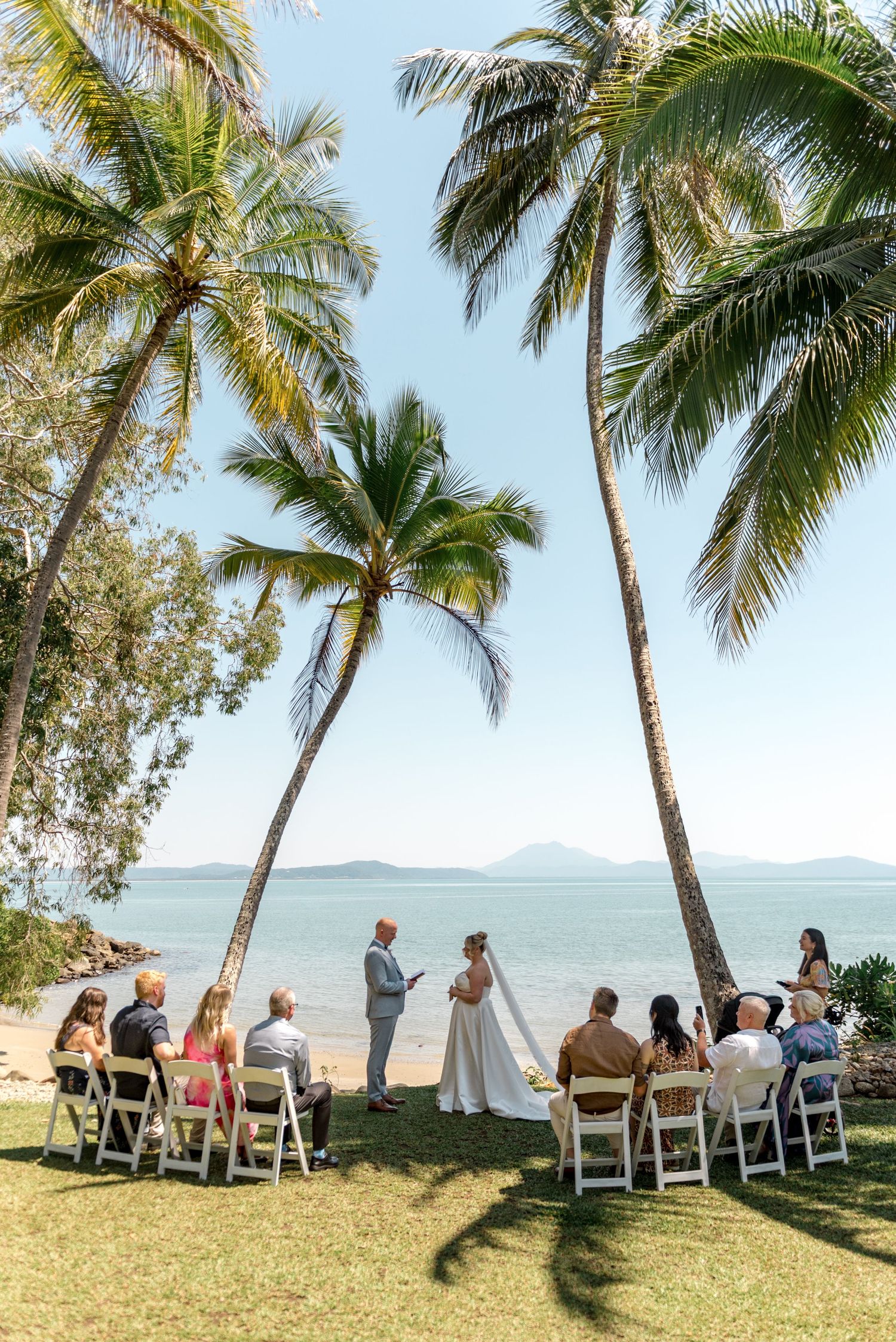 Aerial view of small beach wedding ceremony with guests seated under tall tropical palm trees.