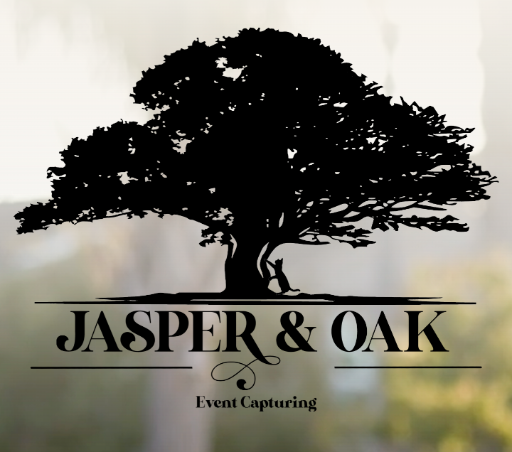Tree silhouette logos for Jasper & Oak featuring oak trees and event capturing text.
