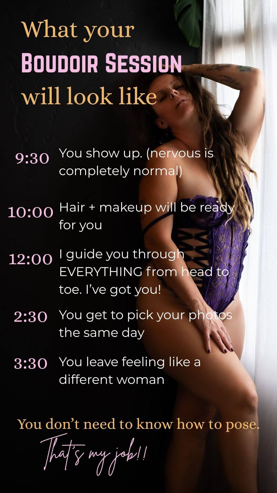 Boudoir photography session timeline infographic showing schedule from 9:30 AM to 3:30 PM with woman in purple lingerie.