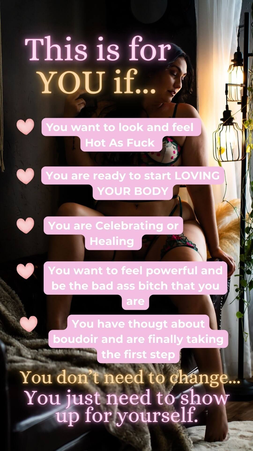Boudoir photography promotional graphic with empowering text encouraging self-love, body positivity, and confidence on pink background.