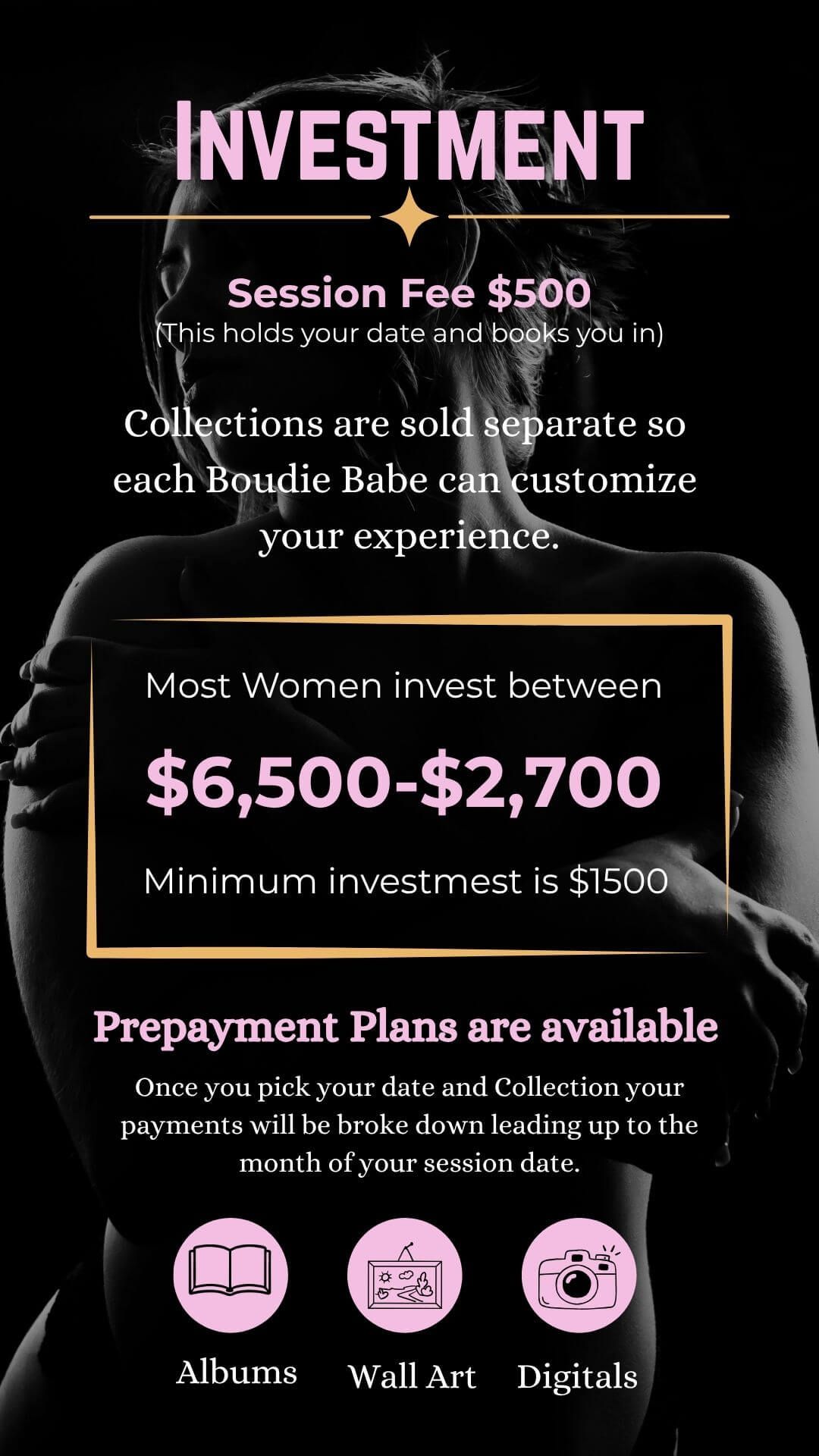 Boudoir photography pricing guide showing $500 session fee, $2700-$6500 investment range, prepayment plans, albums, wall art, and digitals.