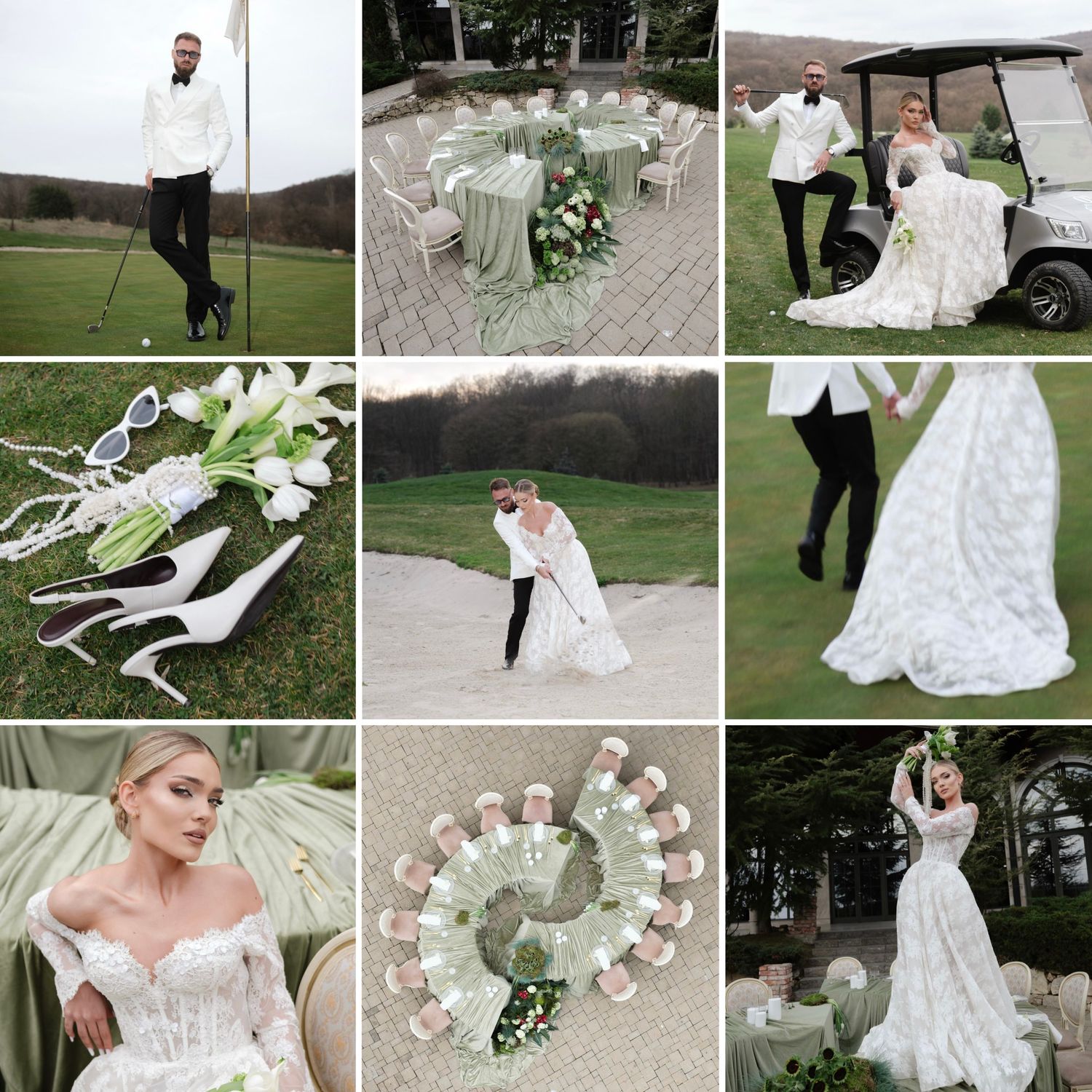 A wedding collage featuring a groom golfing, floral decor, bridal shoes, and a bride in a white lace gown on a golf course.