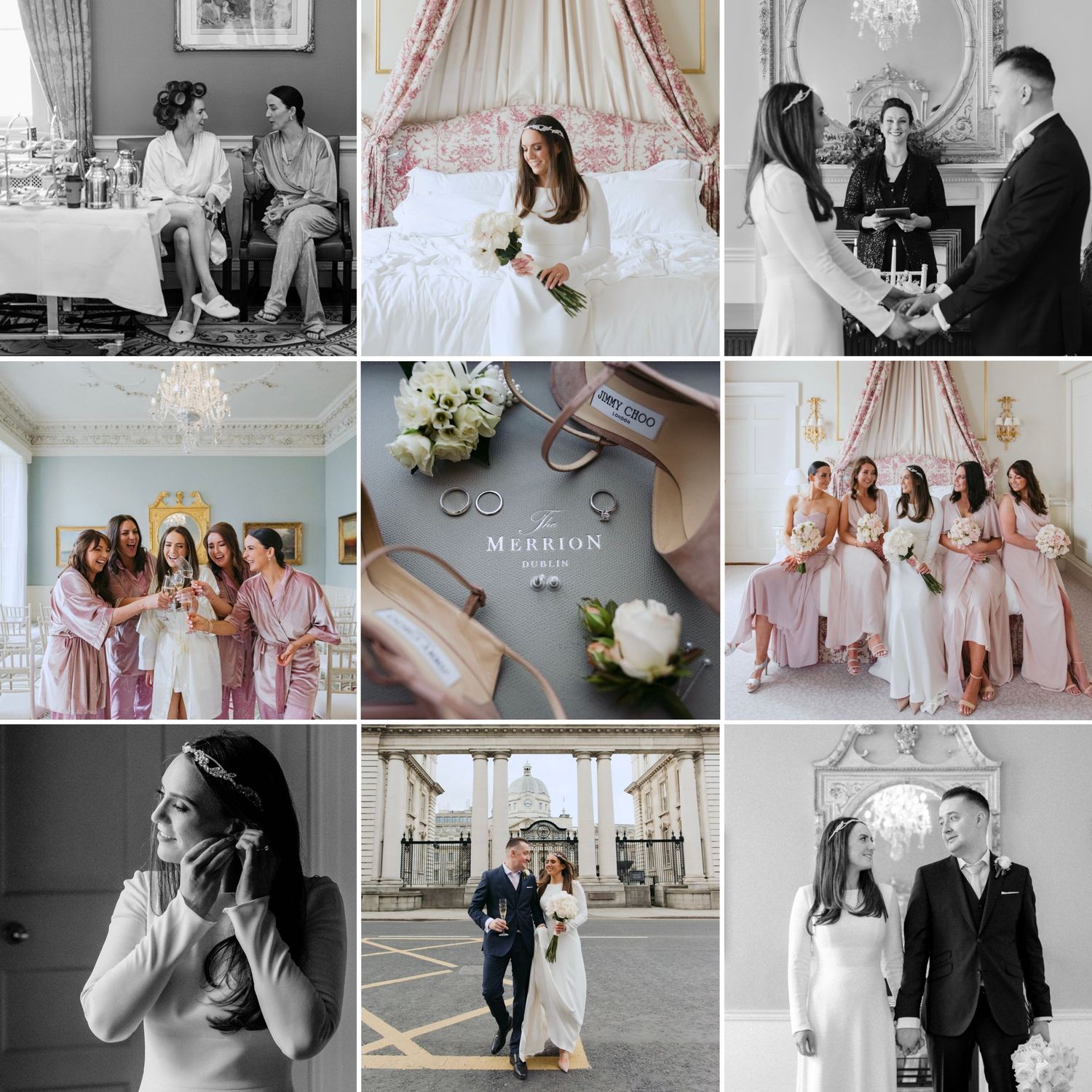 A wedding photo collage featuring bridal preparations, bridesmaids in pink robes, rings, bouquets, and couple portraits at a grand venue.